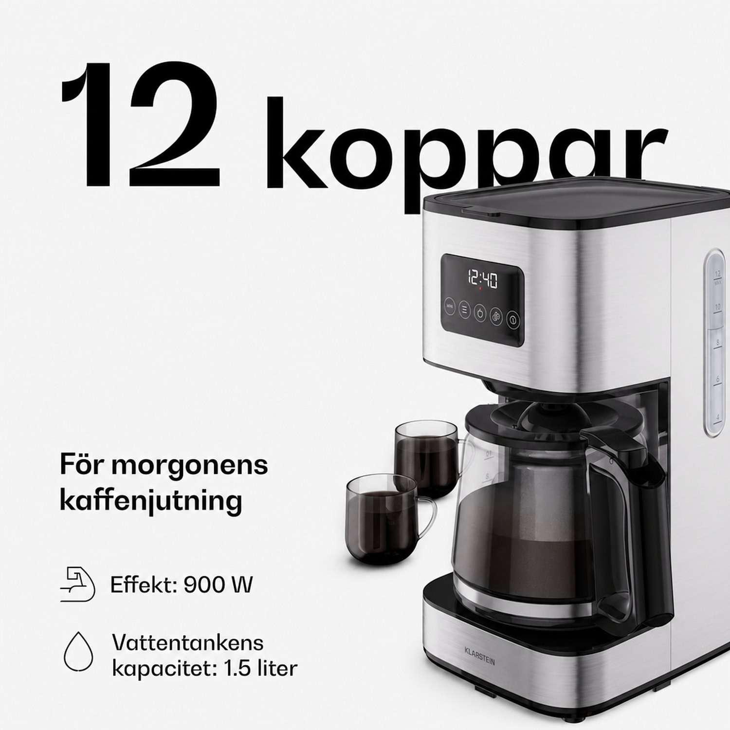 Verosteel filterkaffemaskin | Rostfritt stål | 1,5 liter | Värmehållningsfunktion | 12 koppar 