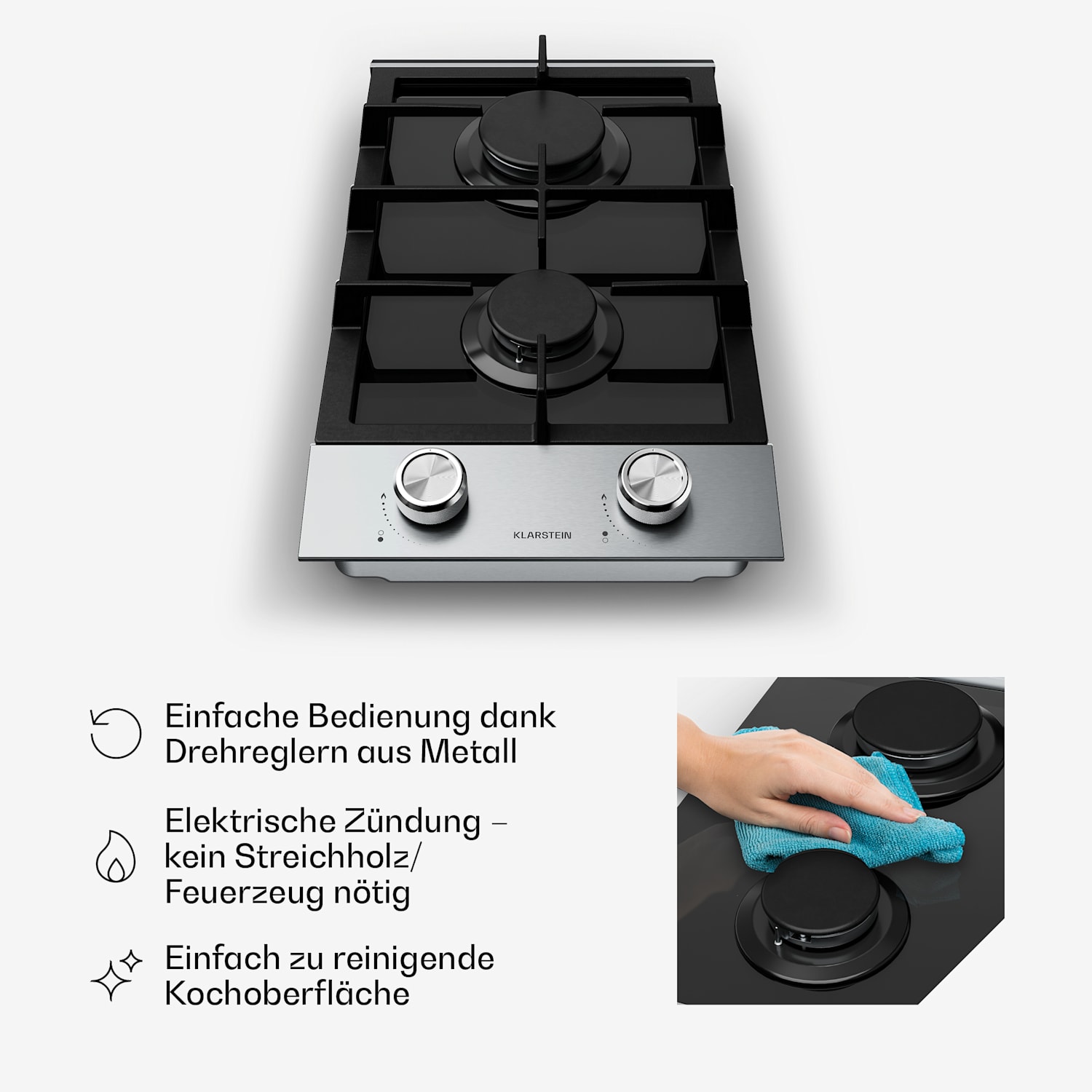 Verosteel Gaskochfeld | 2-flammig | elektrische Zündung | Erdgas- und LPG-kompatibel | 4200 W | 30 cm 