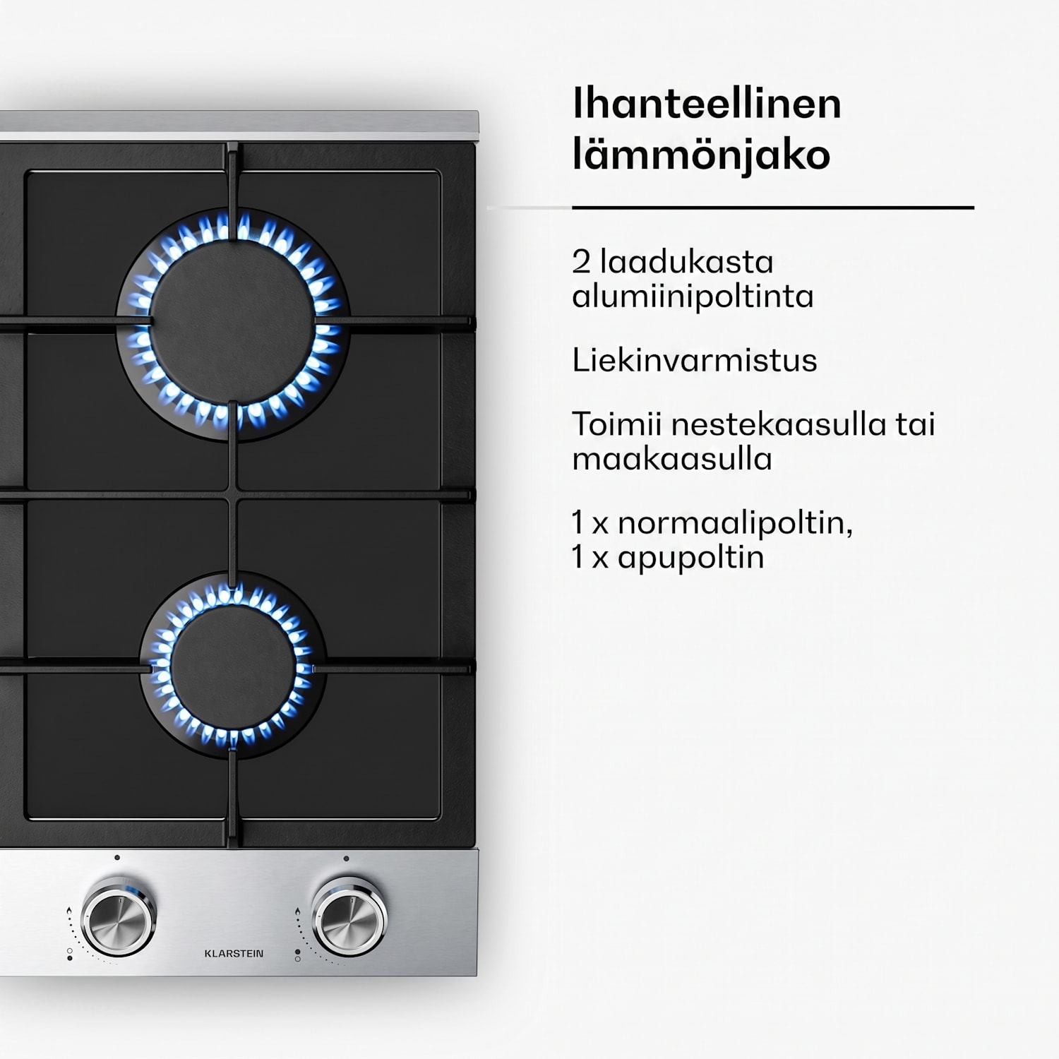 Verosteel kaasuliesi | 2 poltinta | sähkösytytys | maakaasu ja LPG yhteensopiva | 4200 W | 30 cm 30 cm | Hopea