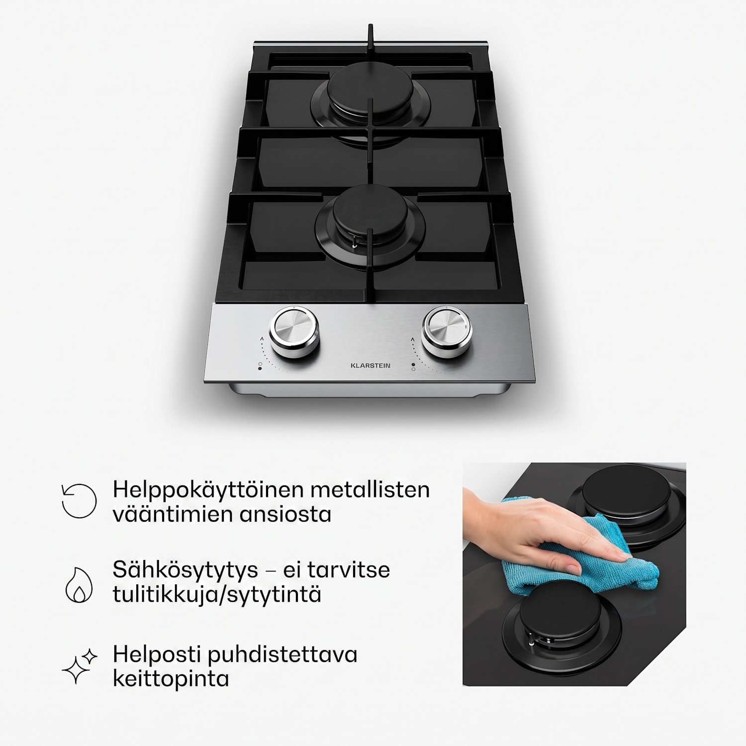 Verosteel kaasuliesi | 2 poltinta | sähkösytytys | maakaasu ja LPG yhteensopiva | 4200 W | 30 cm 30 cm | Hopea