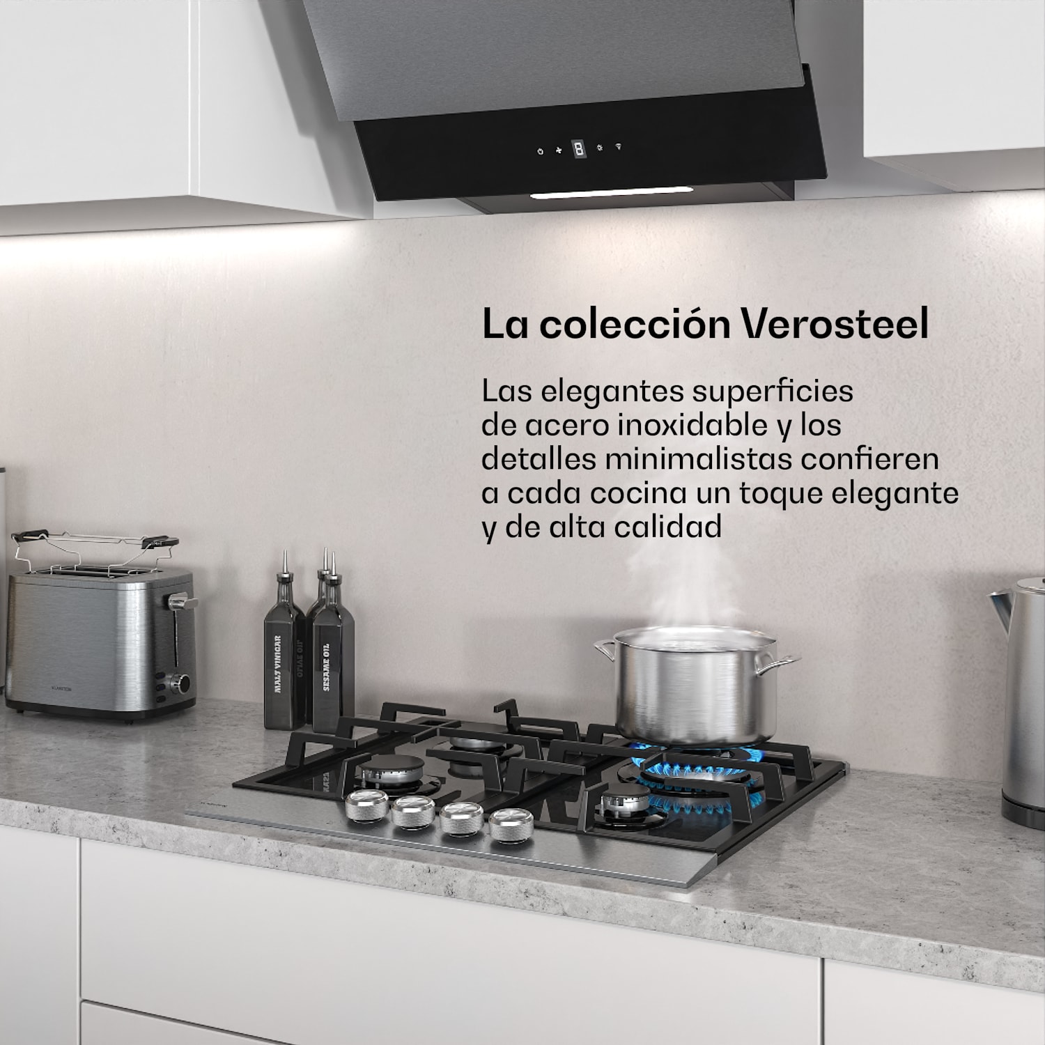 Placa de gas Verosteel de 4 quemadores, encendido eléctrico, compatible con gas natural y GLP, 8000 W, 60 cm 60 cm | Plata