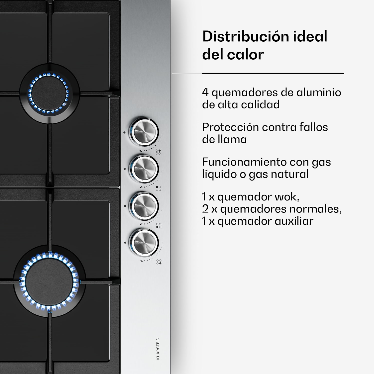 Placa de gas Verosteel de 4 quemadores, encendido eléctrico, compatible con gas natural y GLP, 8000 W, 60 cm 60 cm | Plata