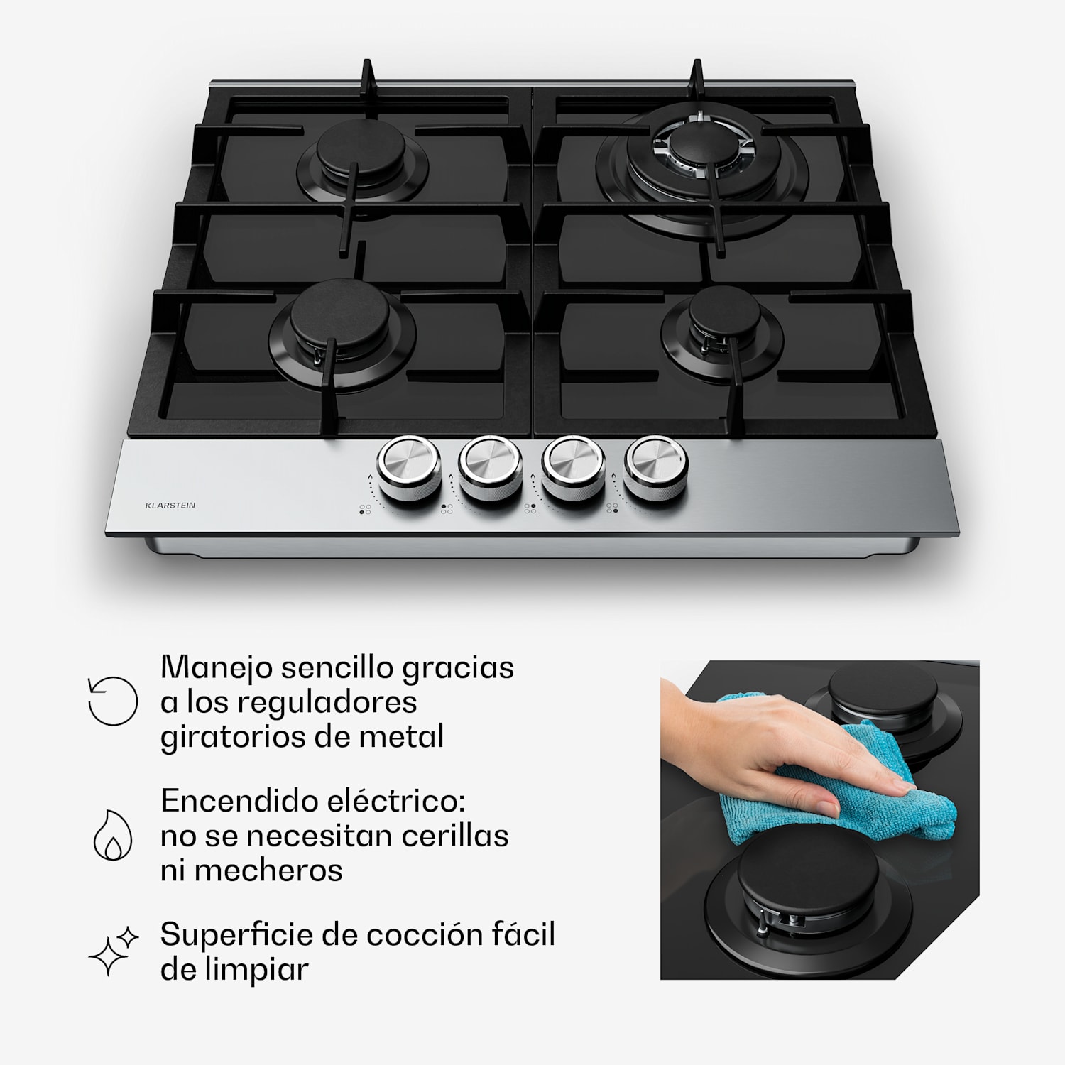 Placa de gas Verosteel de 4 quemadores, encendido eléctrico, compatible con gas natural y GLP, 8000 W, 60 cm 60 cm | Plata