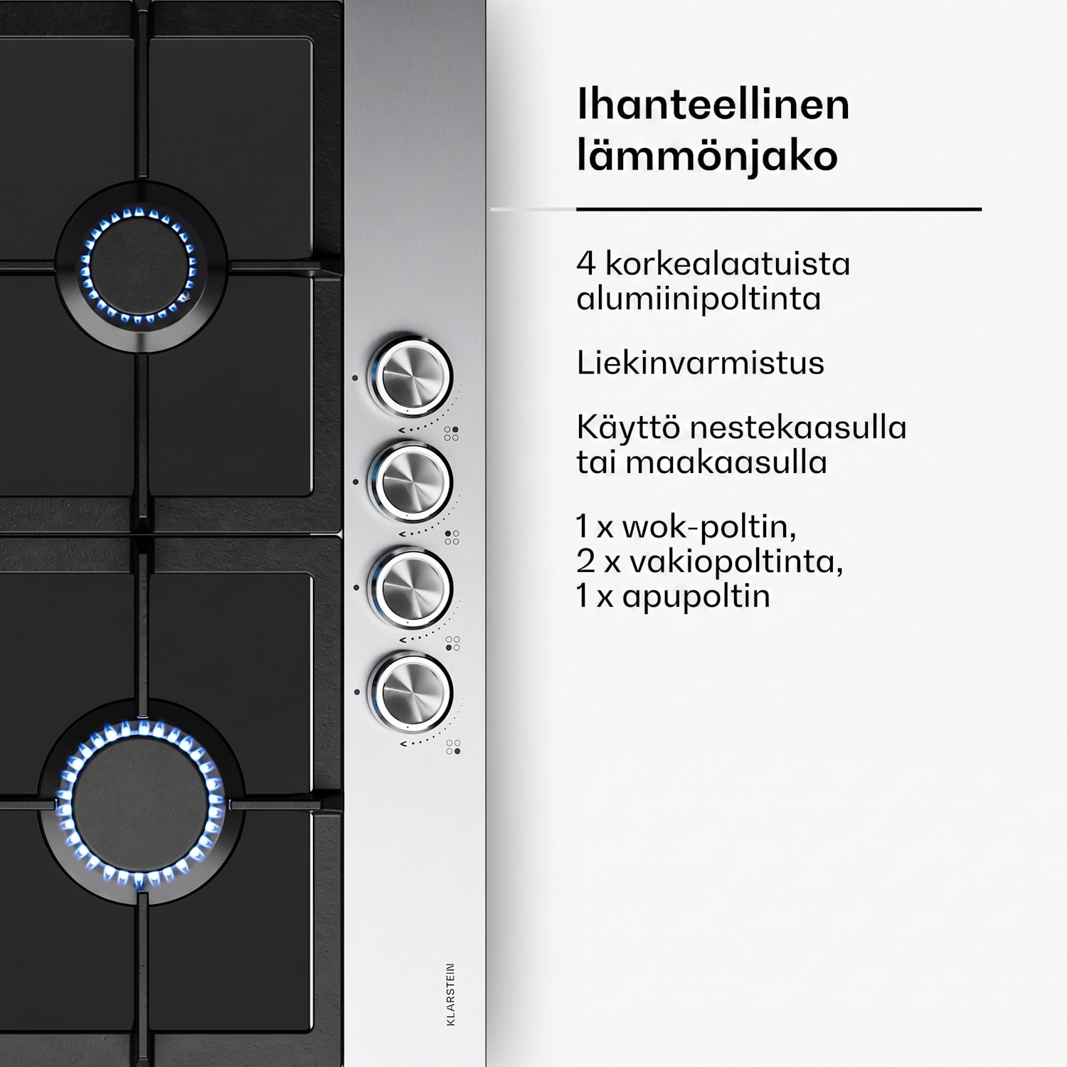 Verosteel kaasuliesi | 4 poltinta | sähkösytytys | maakaasu ja LPG yhteensopiva | 8000 W | 60 cm 60 cm | Hopea