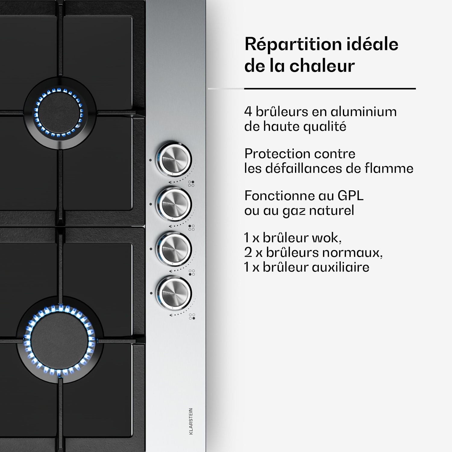 Verosteel table de cuisson à gaz | 4 foyers | Allumage électrique | Compatible gaz naturel et GPL | 8000 W | 60 cm 