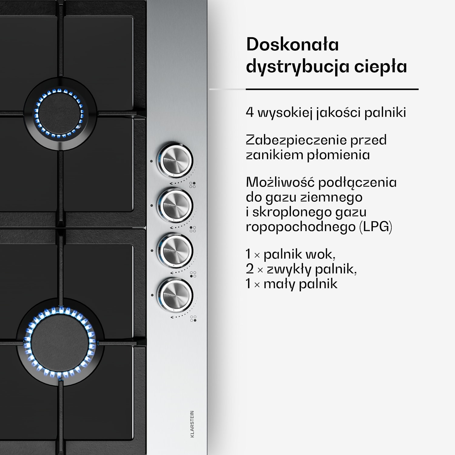 Płyta gazowa Verosteel | 4 palniki | zapłon elektryczny | kompatybilna z gazem ziemnym i LPG | 8000 W | 60 cm 60 cm | Srebrny