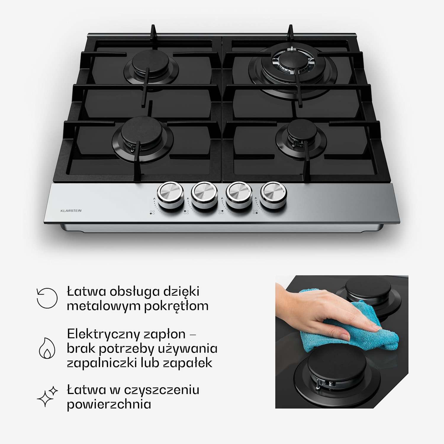 Płyta gazowa Verosteel | 4 palniki | zapłon elektryczny | kompatybilna z gazem ziemnym i LPG | 8000 W | 60 cm 60 cm | Srebrny