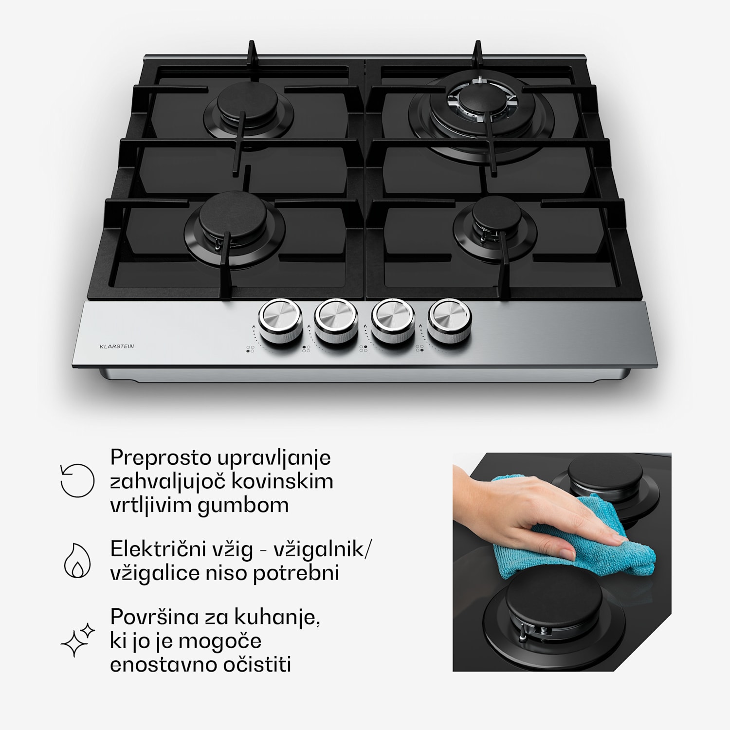 Verosteel plinska kuhalna plošča, 4 gorilniki, električni vžig, združljiva z zemeljskim plinom in utekočinjenim naftnim plinom, 8000 W, 60 cm 60 cm | Srebrna