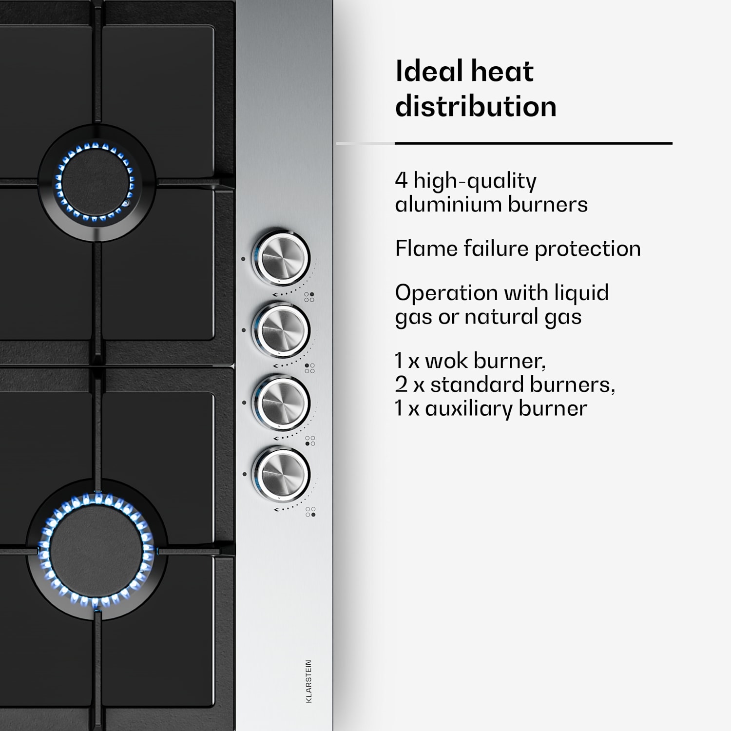 Verosteel gaskookplaat 60 cm, 4-pits, elektrische ontsteking, geschikt voor aardgas en LPG, 8000 W 60 cm | Zilver