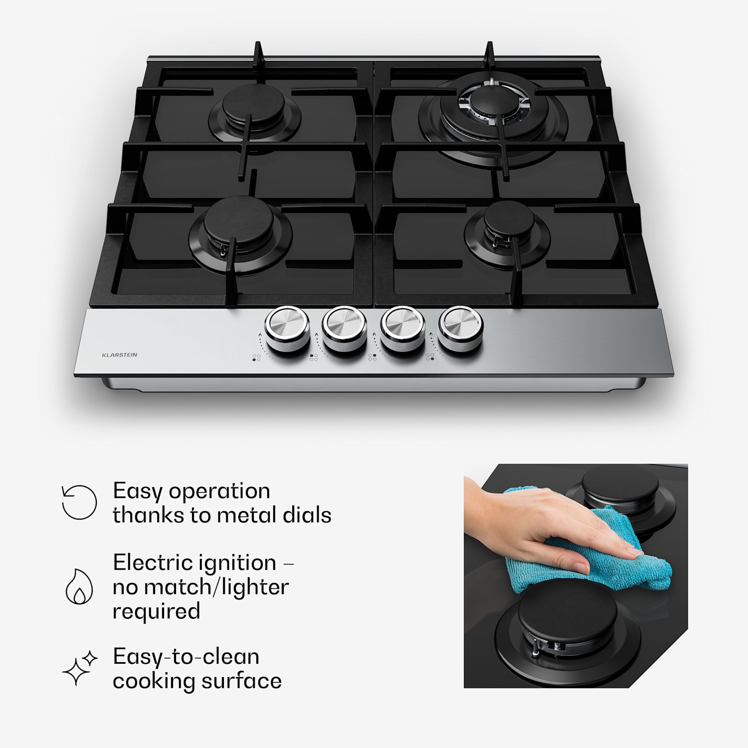 Verosteel gaskookplaat 60 cm, 4-pits, elektrische ontsteking, geschikt voor aardgas en LPG, 8000 W 60 cm | Zilver