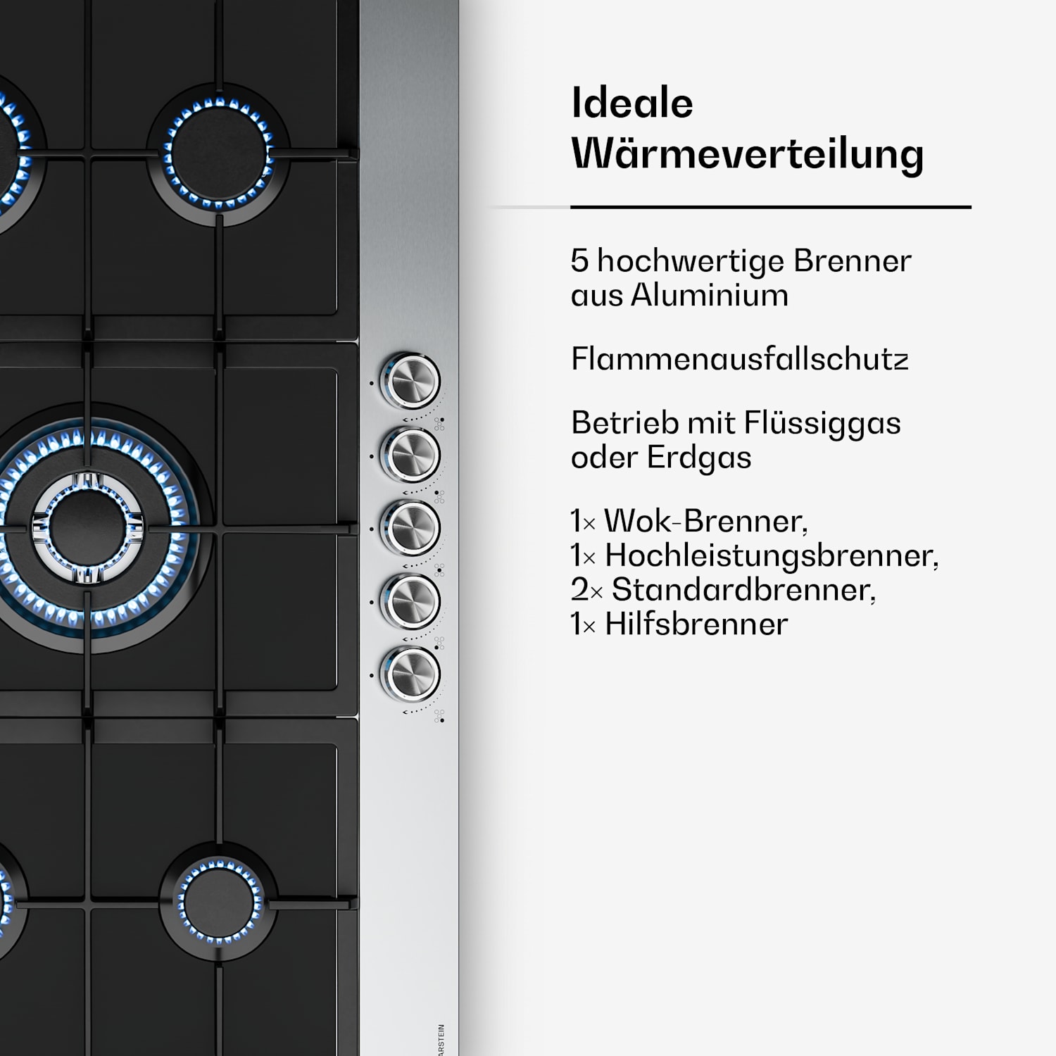 Verosteel Gaskochfeld | 5-flammig | elektrische Zündung | Erdgas- und LPG-kompatibel | 10400 W | 90 cm 