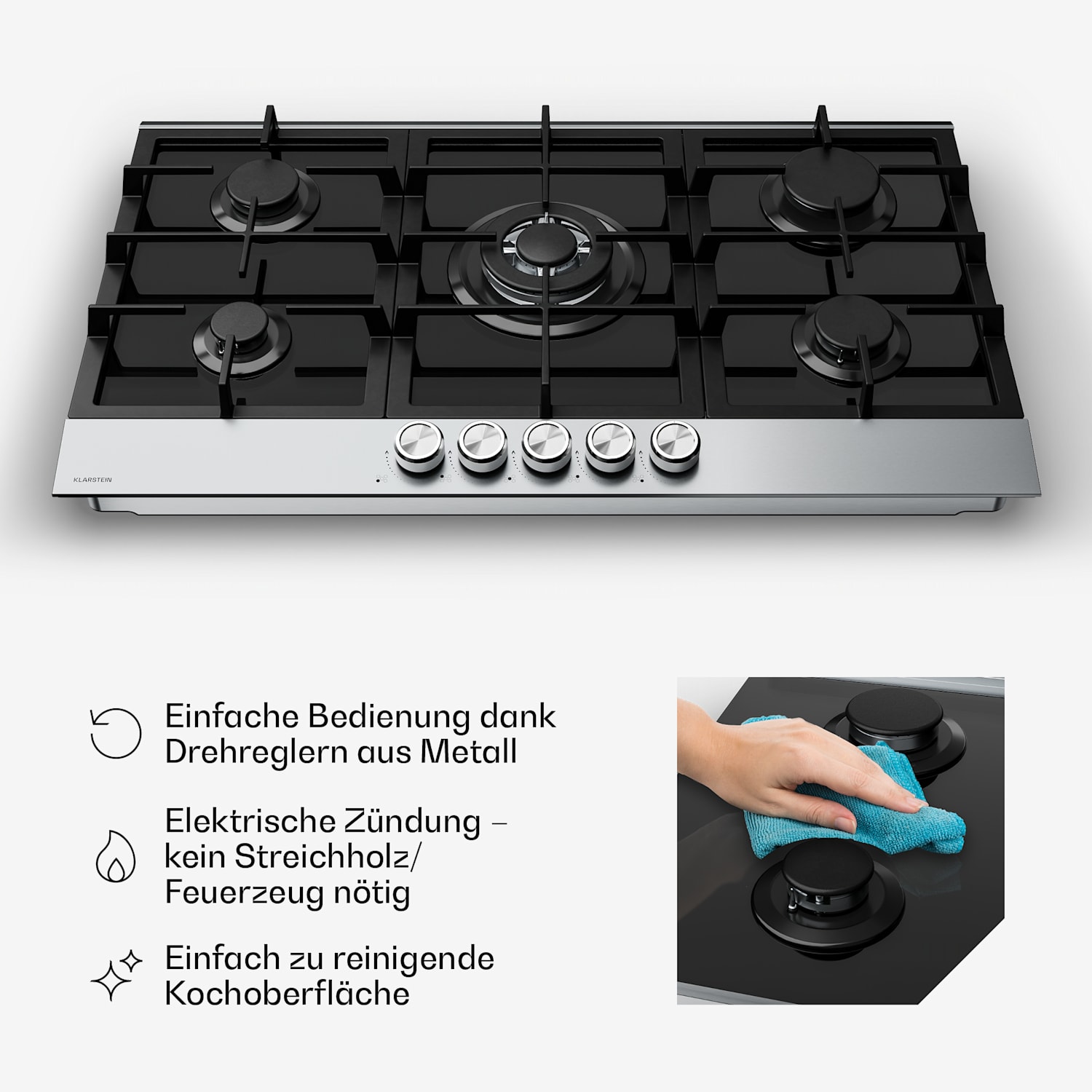 Verosteel Gaskochfeld | 5-flammig | elektrische Zündung | Erdgas- und LPG-kompatibel | 10400 W | 90 cm 