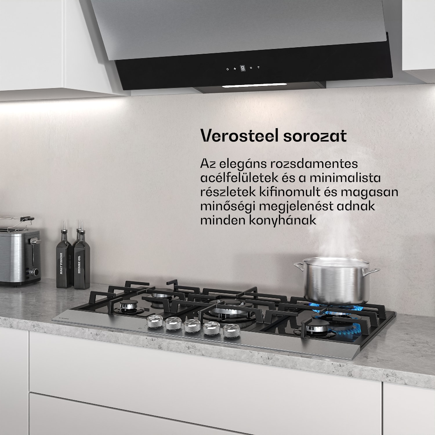 Verosteel gázfőzőlap, 5 égőfej, elektromos gyújtás, földgázzal és LPG-vel kompatibilis, 10400W, 90cm 90 cm | Ezüst