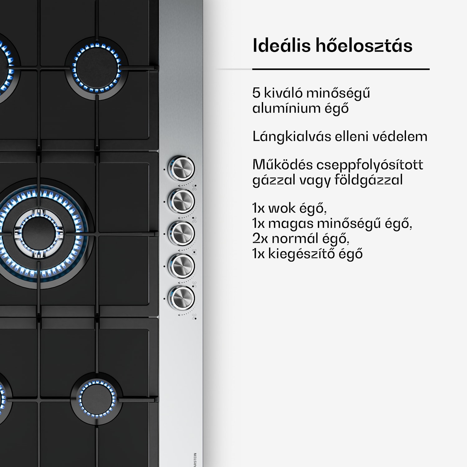Verosteel gázfőzőlap, 5 égőfej, elektromos gyújtás, földgázzal és LPG-vel kompatibilis, 10400W, 90cm 90 cm | Ezüst