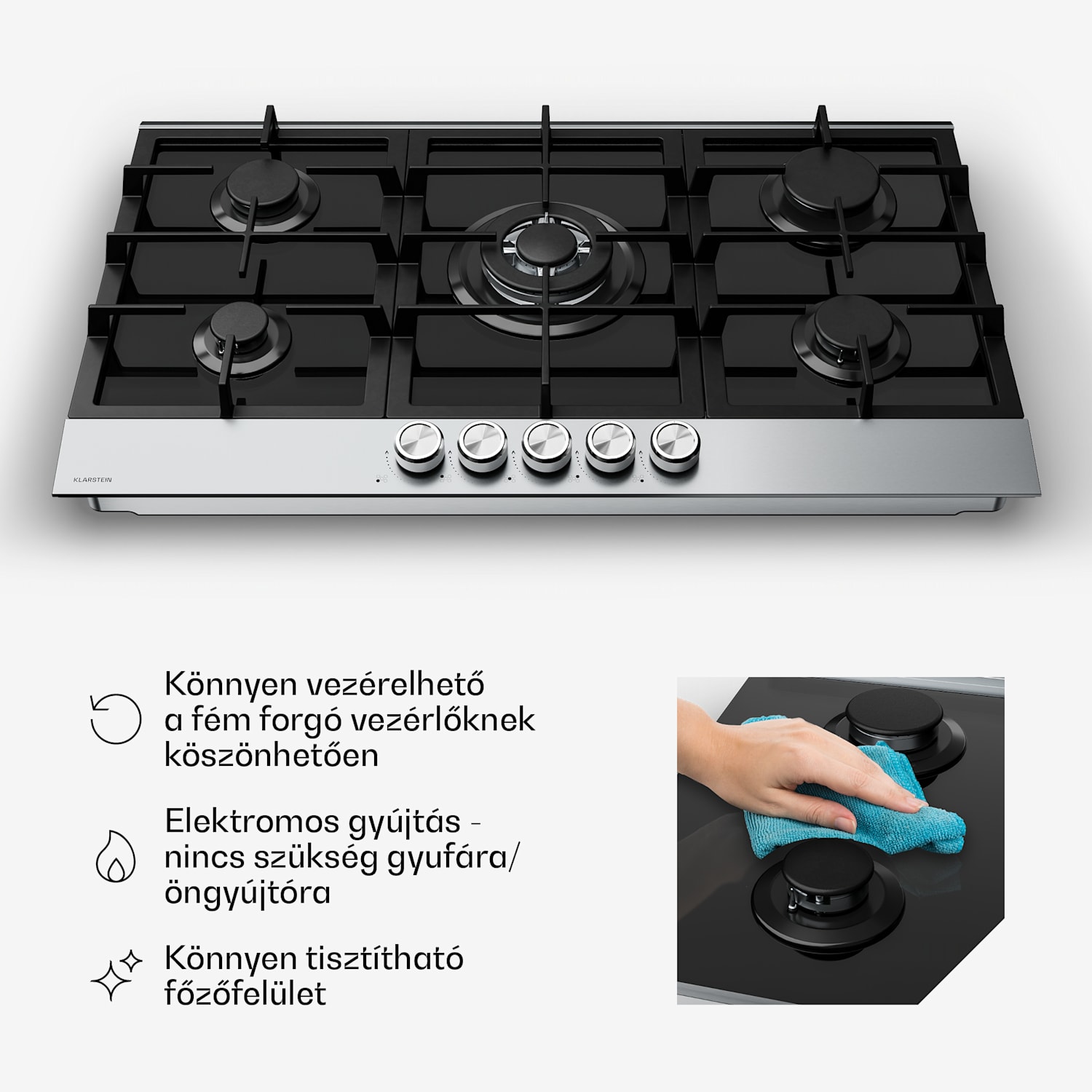 Verosteel gázfőzőlap, 5 égőfej, elektromos gyújtás, földgázzal és LPG-vel kompatibilis, 10400W, 90cm 90 cm | Ezüst