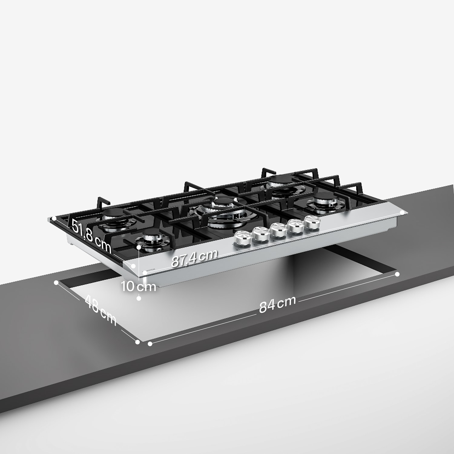 Verosteel gázfőzőlap, 5 égőfej, elektromos gyújtás, földgázzal és LPG-vel kompatibilis, 10400W, 90cm 90 cm | Ezüst