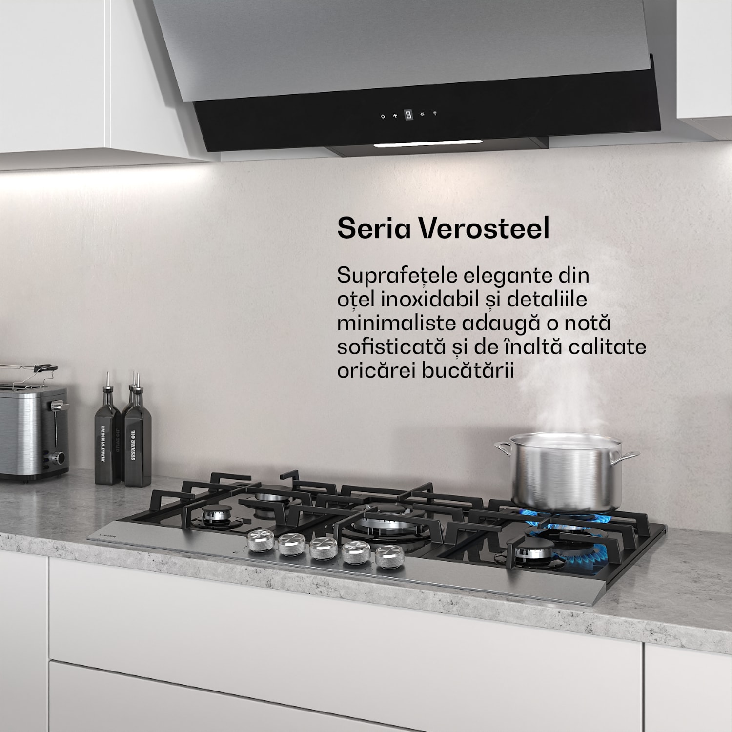 Plită pe gaz Verosteel, 5 arzătoare, aprindere electrică, compatibilă cu gaz natural și GPL, 10400W, 90 cm 90 cm | Argintiu