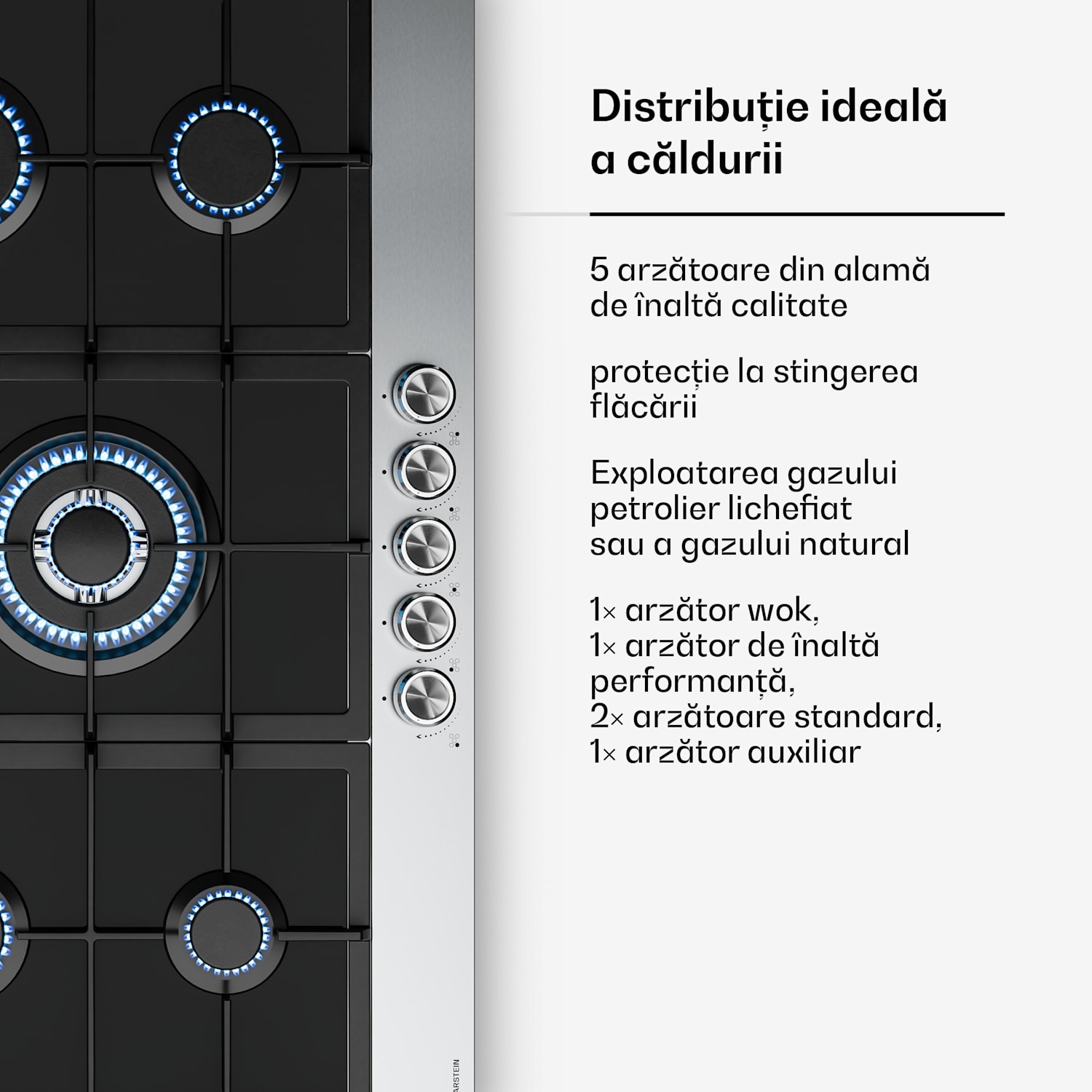 Plită pe gaz Verosteel, 5 arzătoare, aprindere electrică, compatibilă cu gaz natural și GPL, 10400W, 90 cm 90 cm | Argintiu