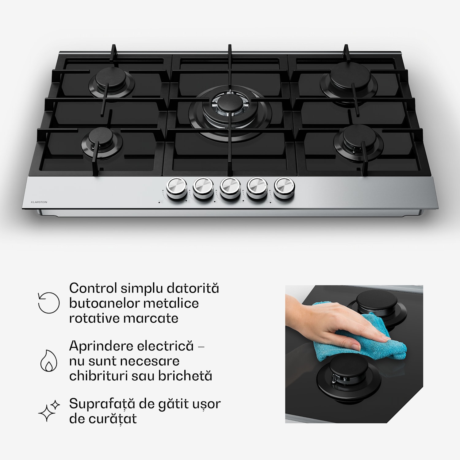 Plită pe gaz Verosteel, 5 arzătoare, aprindere electrică, compatibilă cu gaz natural și GPL, 10400W, 90 cm 90 cm | Argintiu