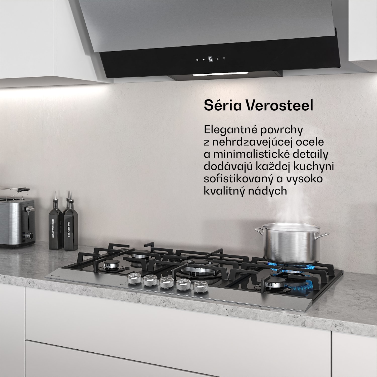 Verosteel plynová varná doska, 5 horákov, Elektrické zapalovanie, Kompatibilná s zemným plynom a LPG, 10400W, 90cm 90 cm | Strieborná