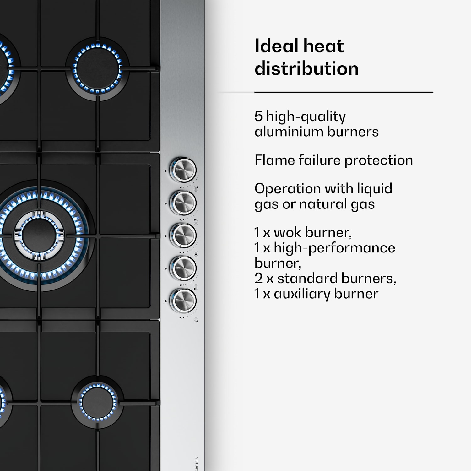 Verosteel kaasuliesi | 5 poltinta | sähköinen sytytys | maakaasu- ja LPG-yhteensopiva | 10 400 W | 90 cm 90 cm | Hopea
