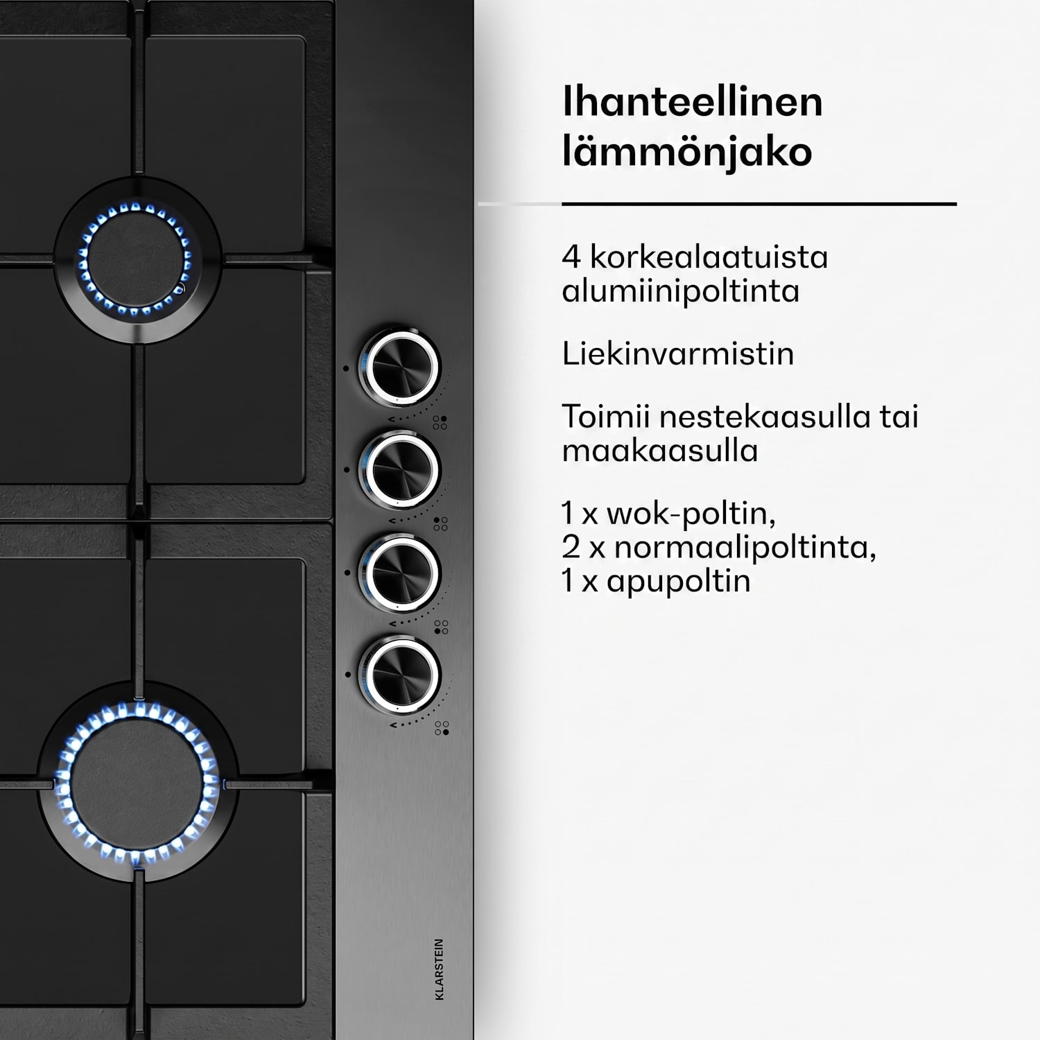 Verosteel kaasuliesi | 4 poltinta | sähkösytytys | maakaasu ja LPG yhteensopiva | 8000 W | 60 cm 60 cm | Musta