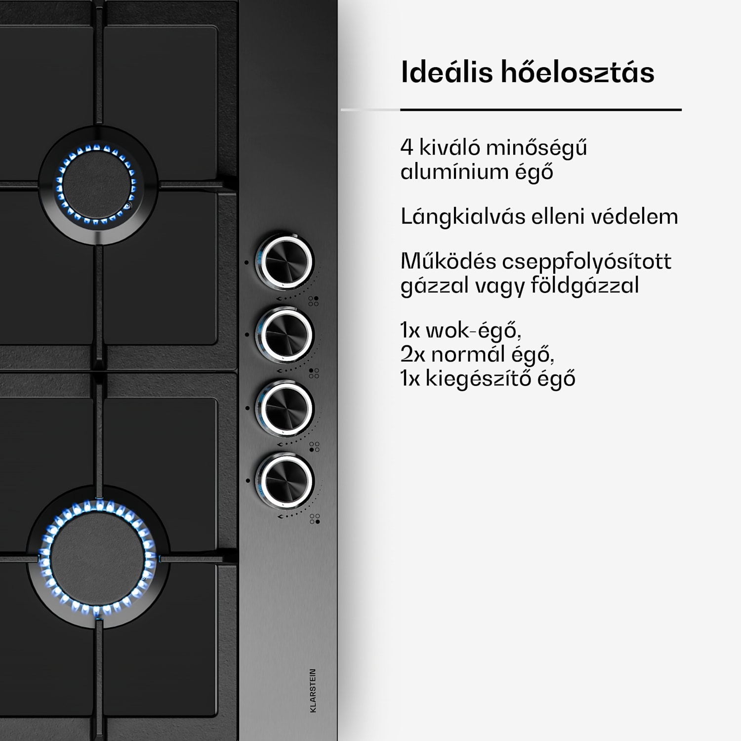 Verosteel gázfőzőlap, 4 égős, elektromos gyújtás, földgázzal és LPG-vel kompatibilis, 8000 W, 60cm 
