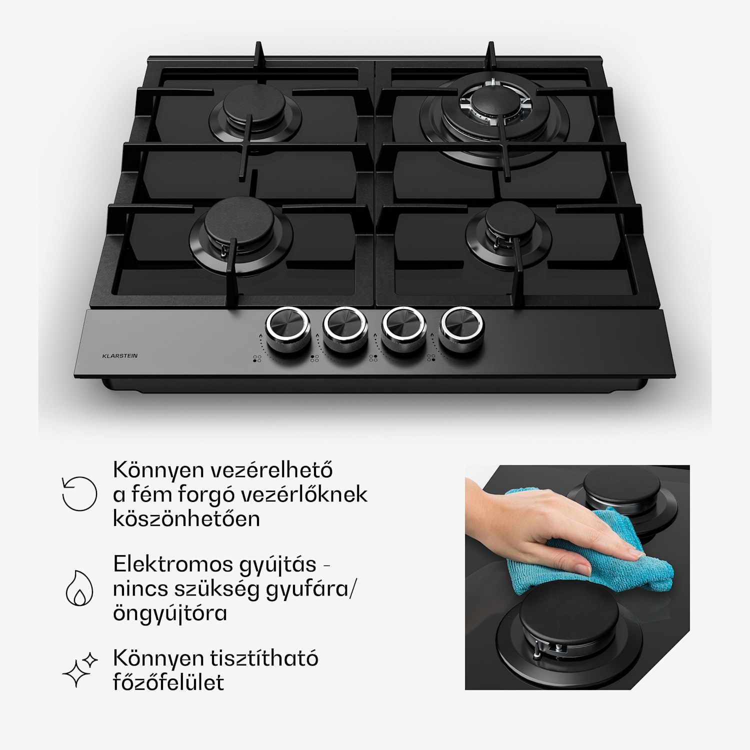 Verosteel gázfőzőlap, 4 égős, elektromos gyújtás, földgázzal és LPG-vel kompatibilis, 8000 W, 60cm 