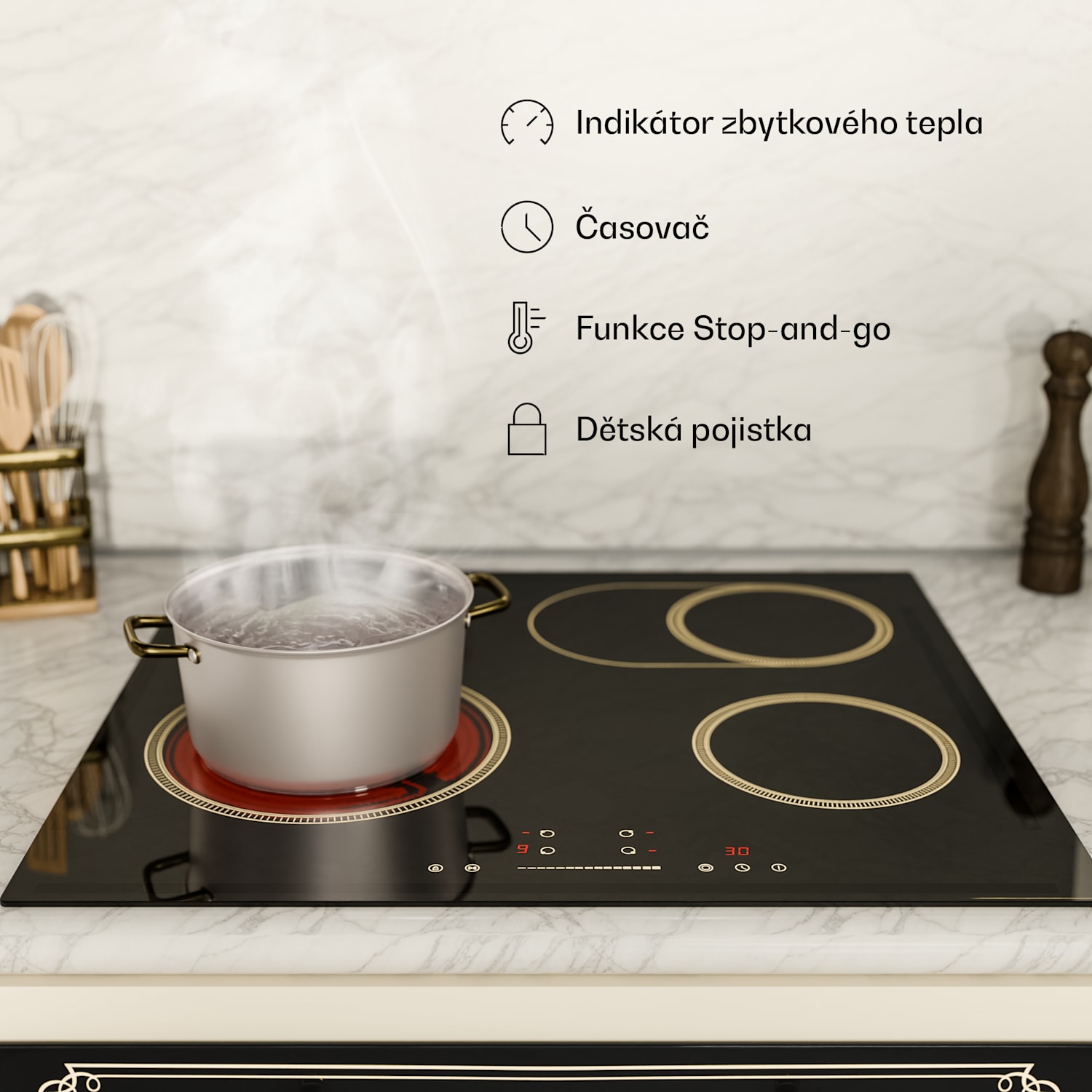 Victoria sklokeramická varná deska, 4 zóny, Elegantní, nadčasová, 6600 W, 60 cm 60 cm