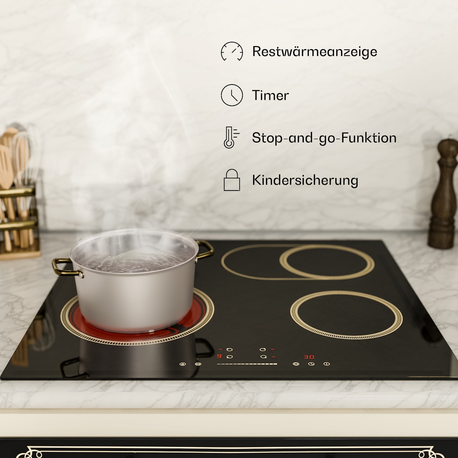 Victoria - Piano cottura in vetroceramica | 4 zone | Elegante e senza tempo | 6600 W | 60 cm 60 cm