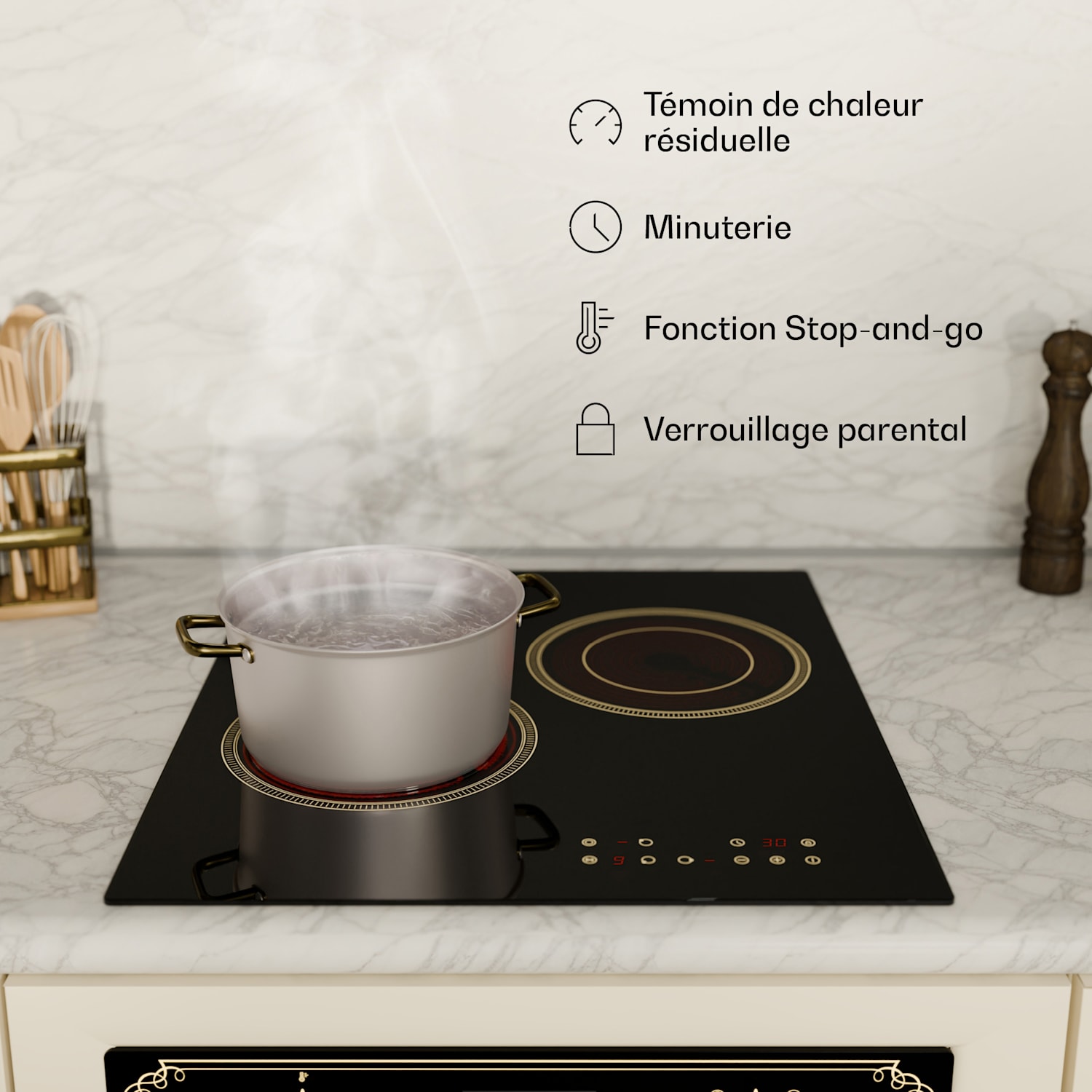 Victoria table de cuisson vitrocéramique | 3 Zones | Élégante, intemporelle | 5000 W | 45 cm 45 cm