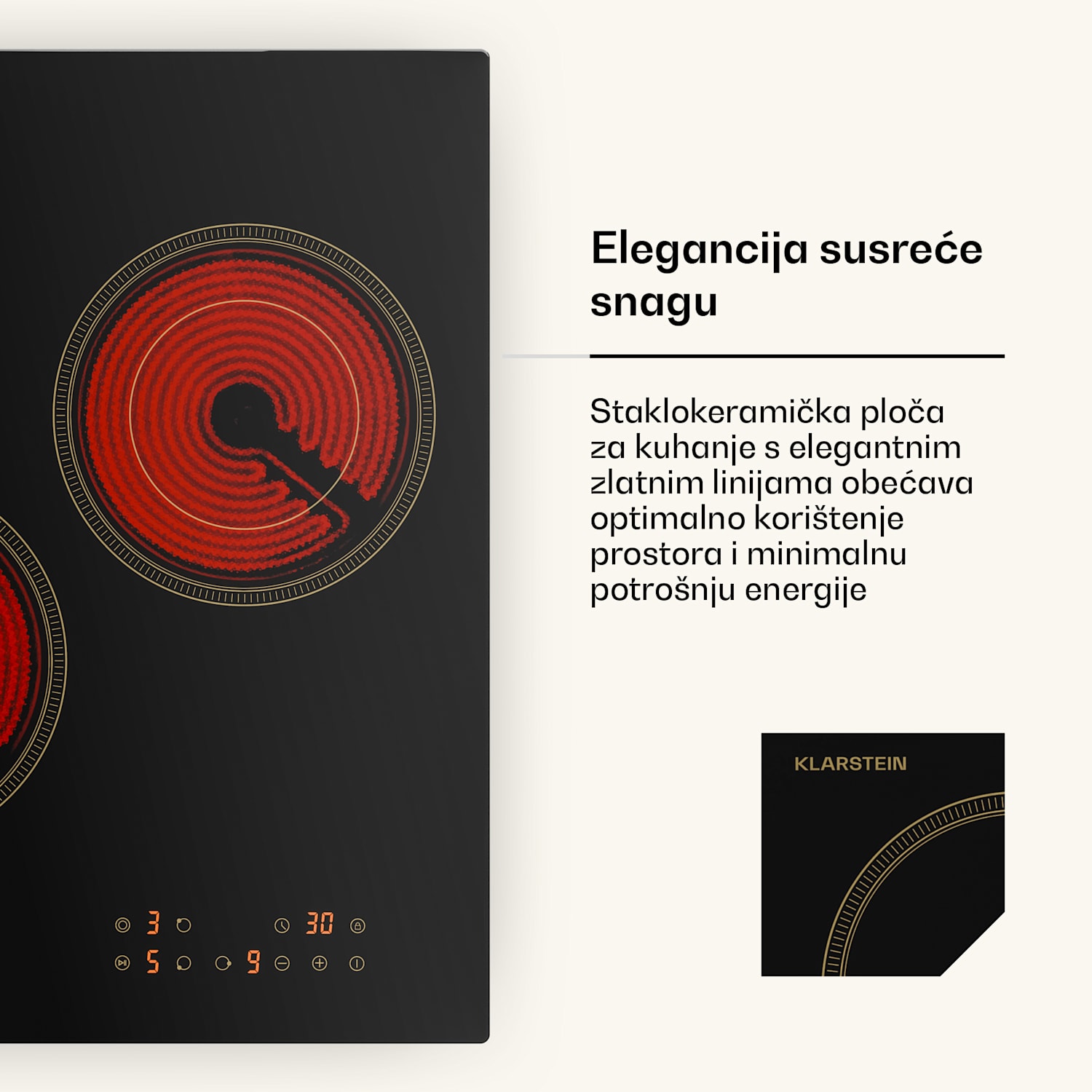 Victoria staklokeramička ploča za kuhanje, 3 zone, Elegantna, bezvremenska, 5000 W, 45 cm 45 cm