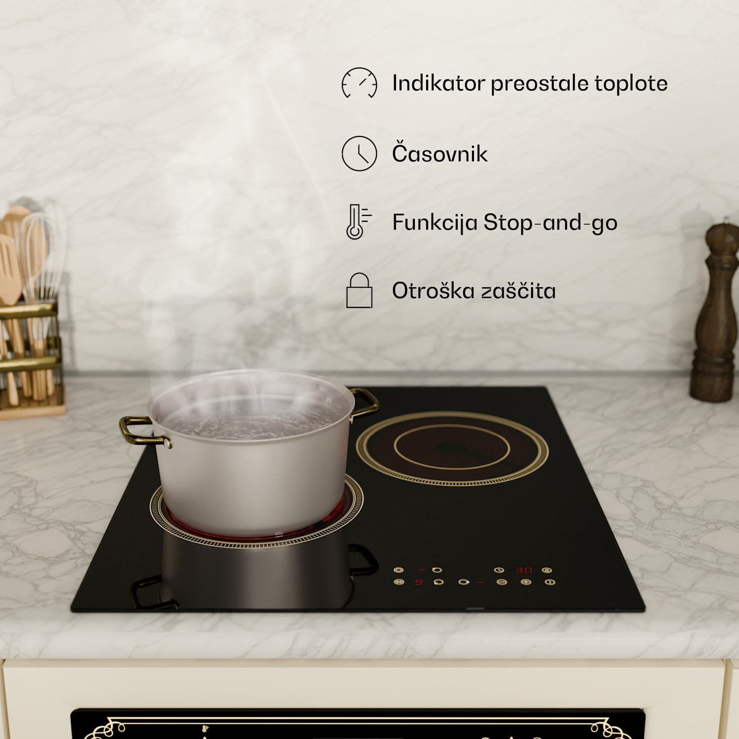 Victoria steklokeramična kuhalna plošča, 3 cone, Elegantna, brezčasna, 5000 W, 45 cm 45 cm