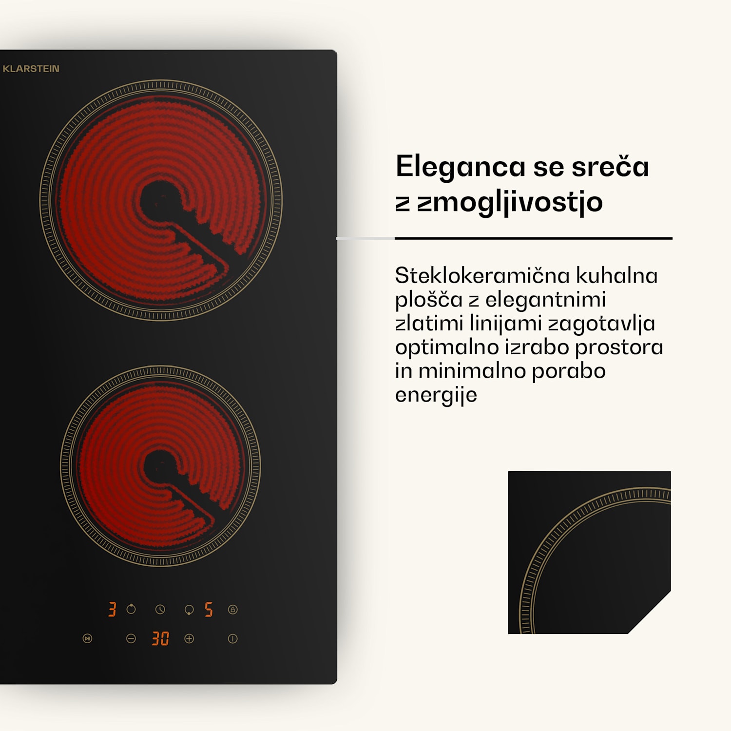 Victoria steklo-keramična kuhalna plošča, 2 coni, elegantna, brezčasna, 3000 W, 30 cm 30 cm