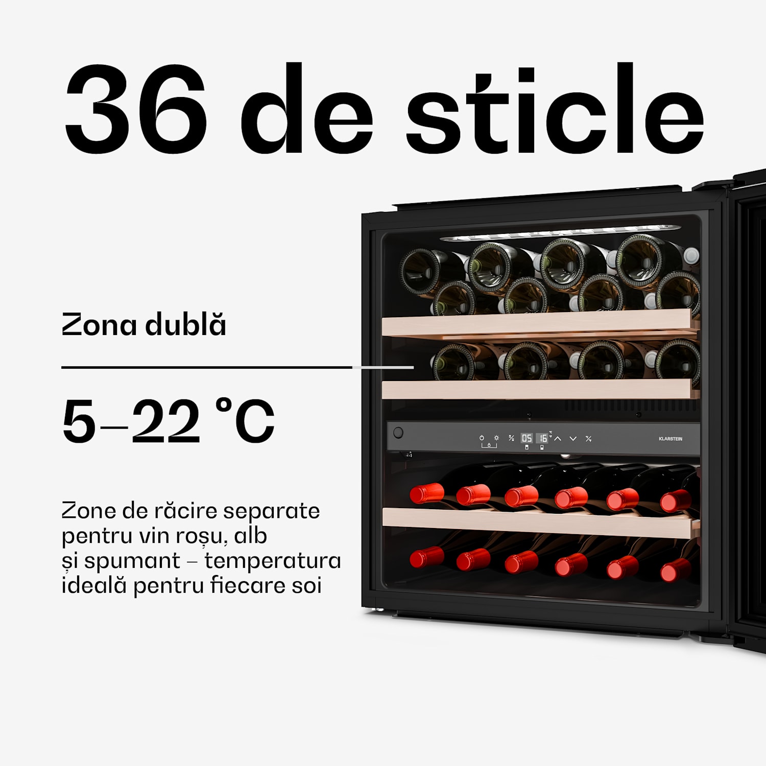 Velaire frigider de vinuri încorporabil, Modern și elegant, Protecție UV, Două zone de temperatură, 36 de sticle Negru