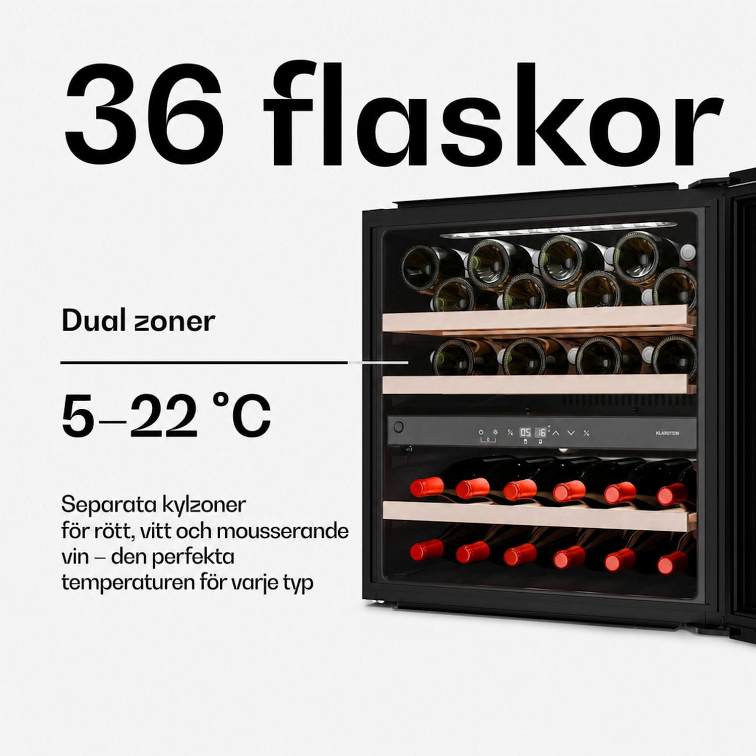 Velaire inbyggd vinkyl | Modern, elegant | UV-skydd | Dubbla zoner | 36 flaskor Svart