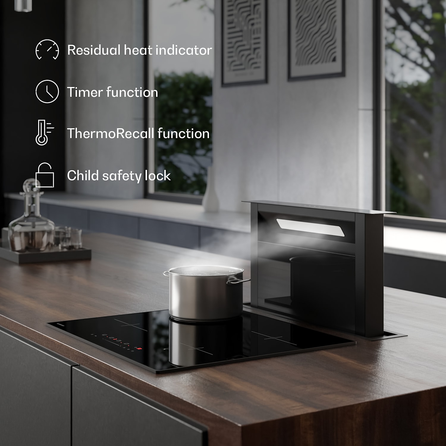 Velaire-induktioliesi | Tyylikäs, minimalistinen, tehokas | 4 keittoaluetta | 7000 W | 60 cm standardi | 4 | Musta
