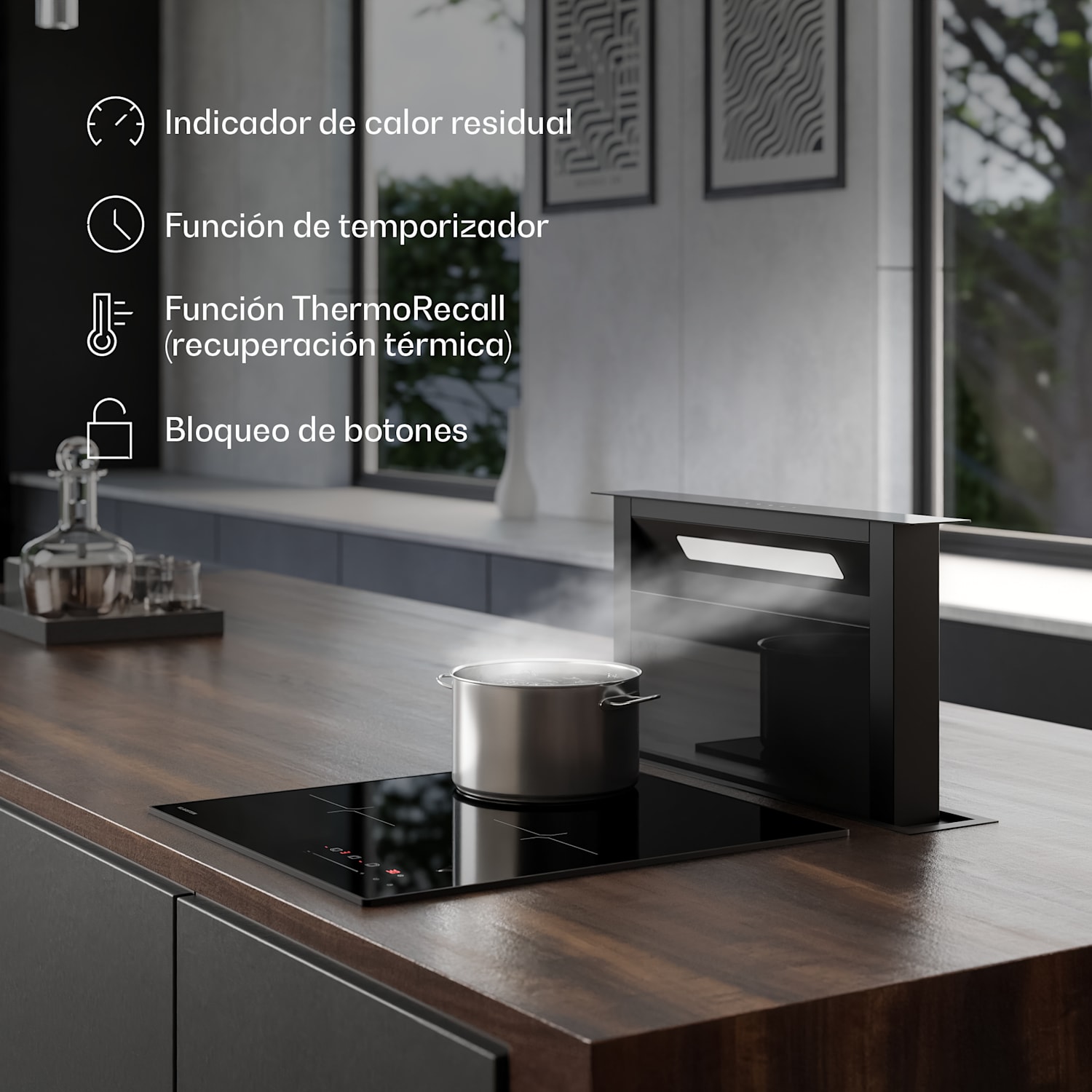 Placa de inducción Velaire | Elegante, minimalista, ahorra espacio | 3 zonas de cocción | 5500 W | 45 cm Standard | 3 | Negro