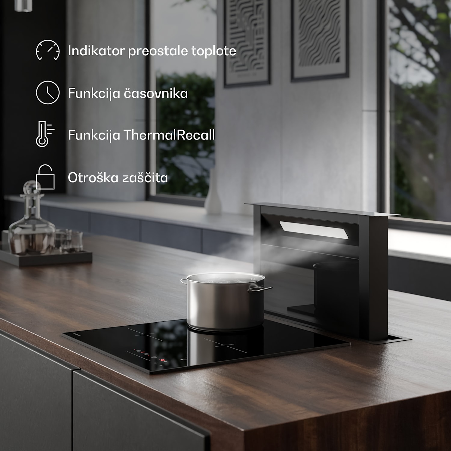 Velaire indukcijska kuhalna plošča, elegantna, minimalistična, zmogljiva, 3 kuhalne cone, 5500 W, 45 cm Standard | 3 | Črna