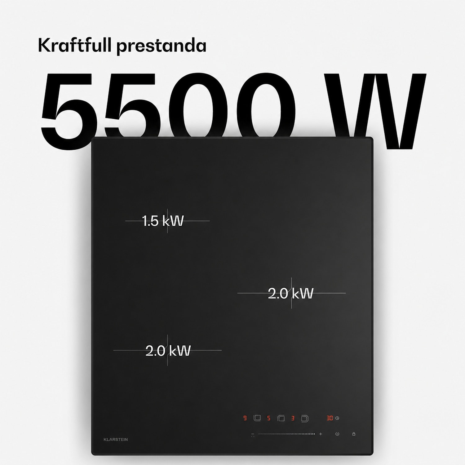 Velaire induktionshäll | Elegant, minimalistisk, platsbesparande | 3 kokzoner | 5500 W | 45 cm 45 cm | Svart