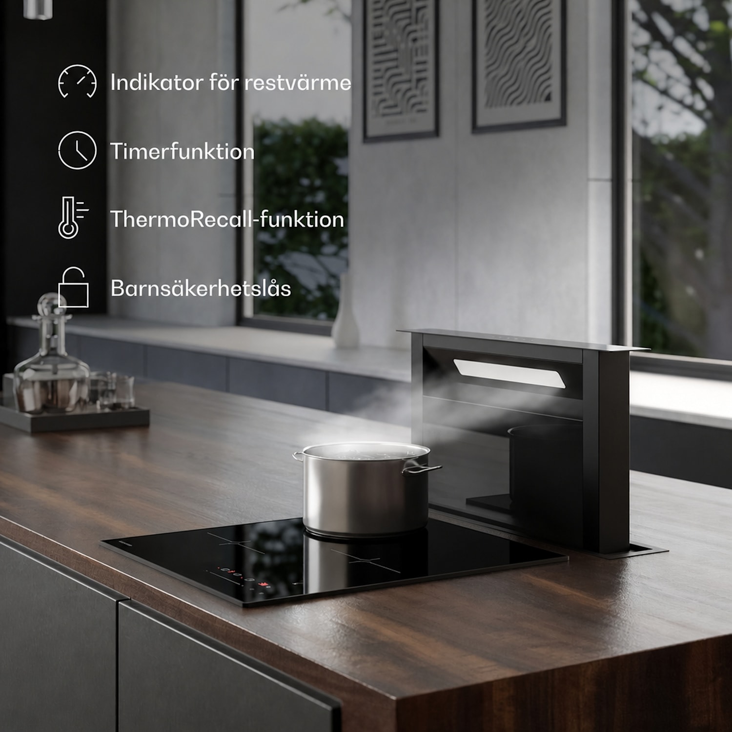 Velaire induktionshäll | Elegant, minimalistisk, platsbesparande | 3 kokzoner | 5500 W | 45 cm 45 cm | Svart