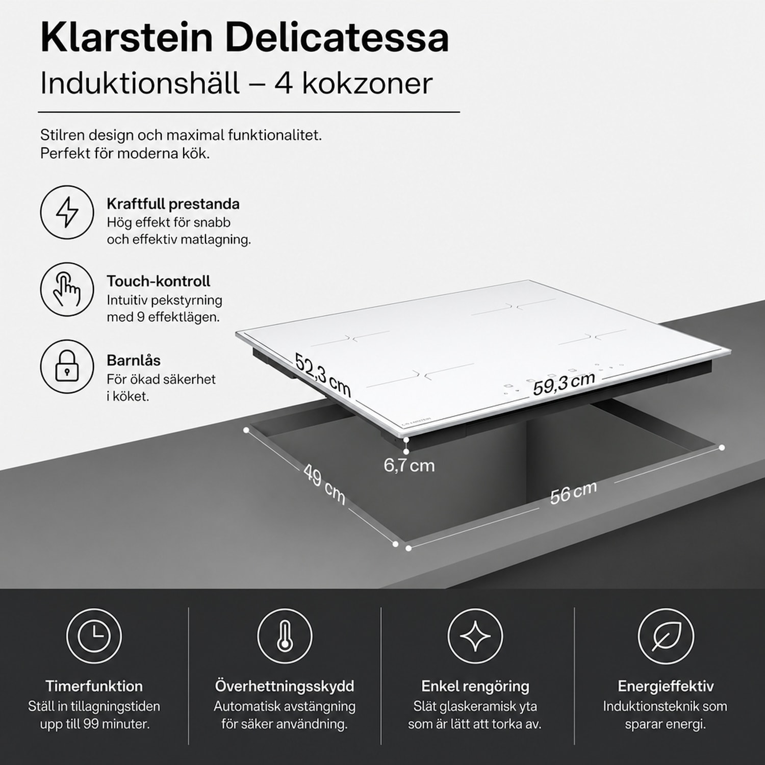Velaire induktionshäll | Elegant, minimalistisk, kraftfull | 4 kokzoner | 7000 W | 60 cm 60 cm | Vit