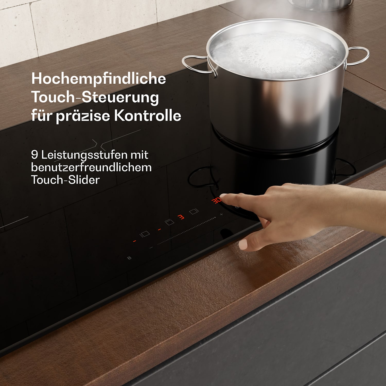 Velaire - Piano cottura a induzione compatto | Elegante, minimalista, potente | 3 zone di cottura | 5500 W | 80 cm Slim | 3 | Nero