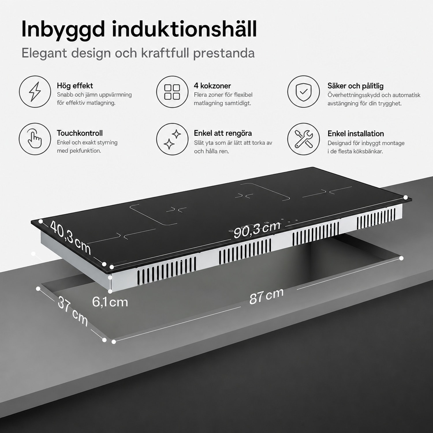Velaire smal induktionshäll | Elegant, minimalistisk, kraftfull | 4 kokzoner | 7000 W | 90 cm 90 cm Slim | Svart