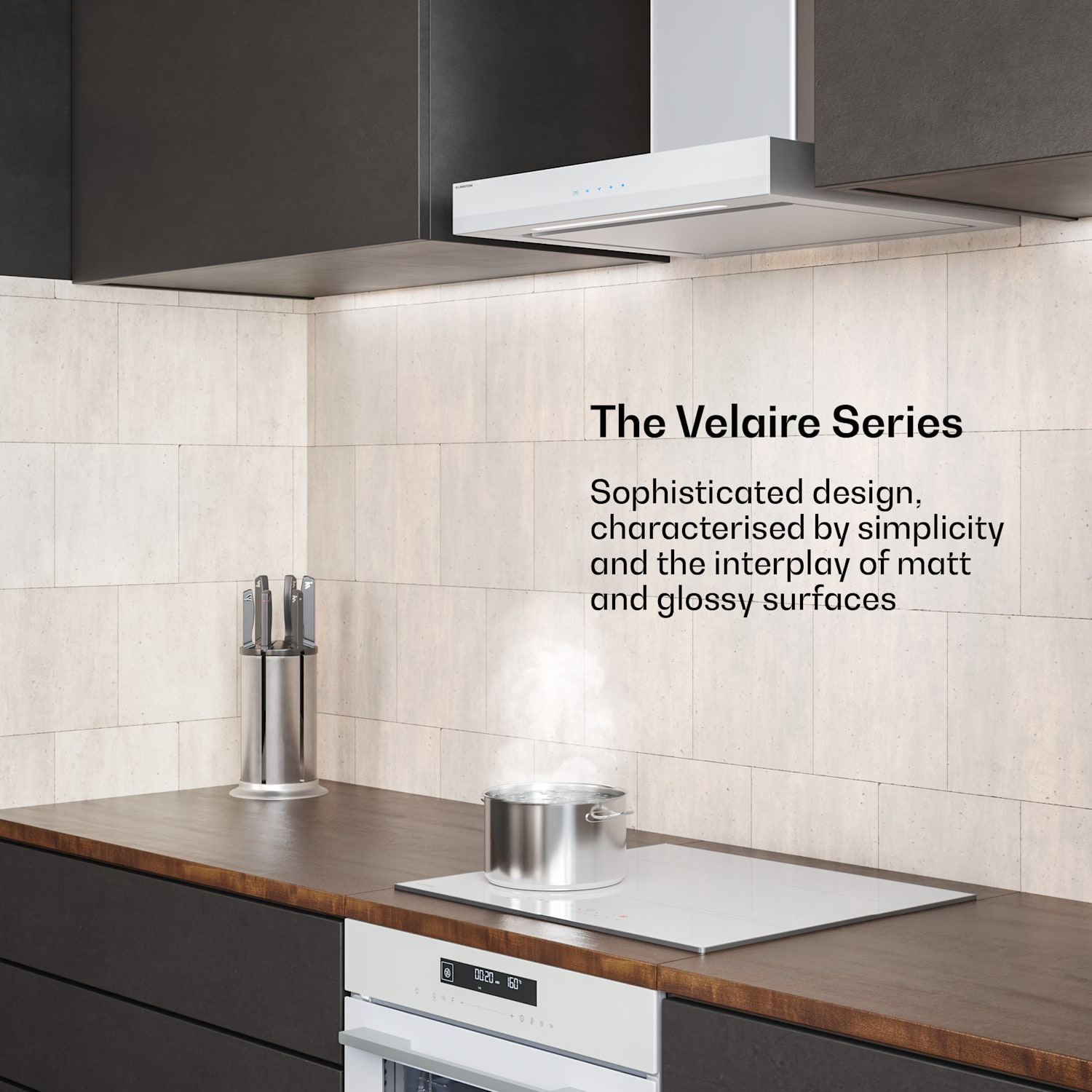 Velaire liesituuletin ilmanpoistotoiminnolla | Tyylikäs, minimalistinen, voimakas | Energiatehokkuusluokka A++ | 600 m³/h | 60 cm 60 cm | Valkoinen