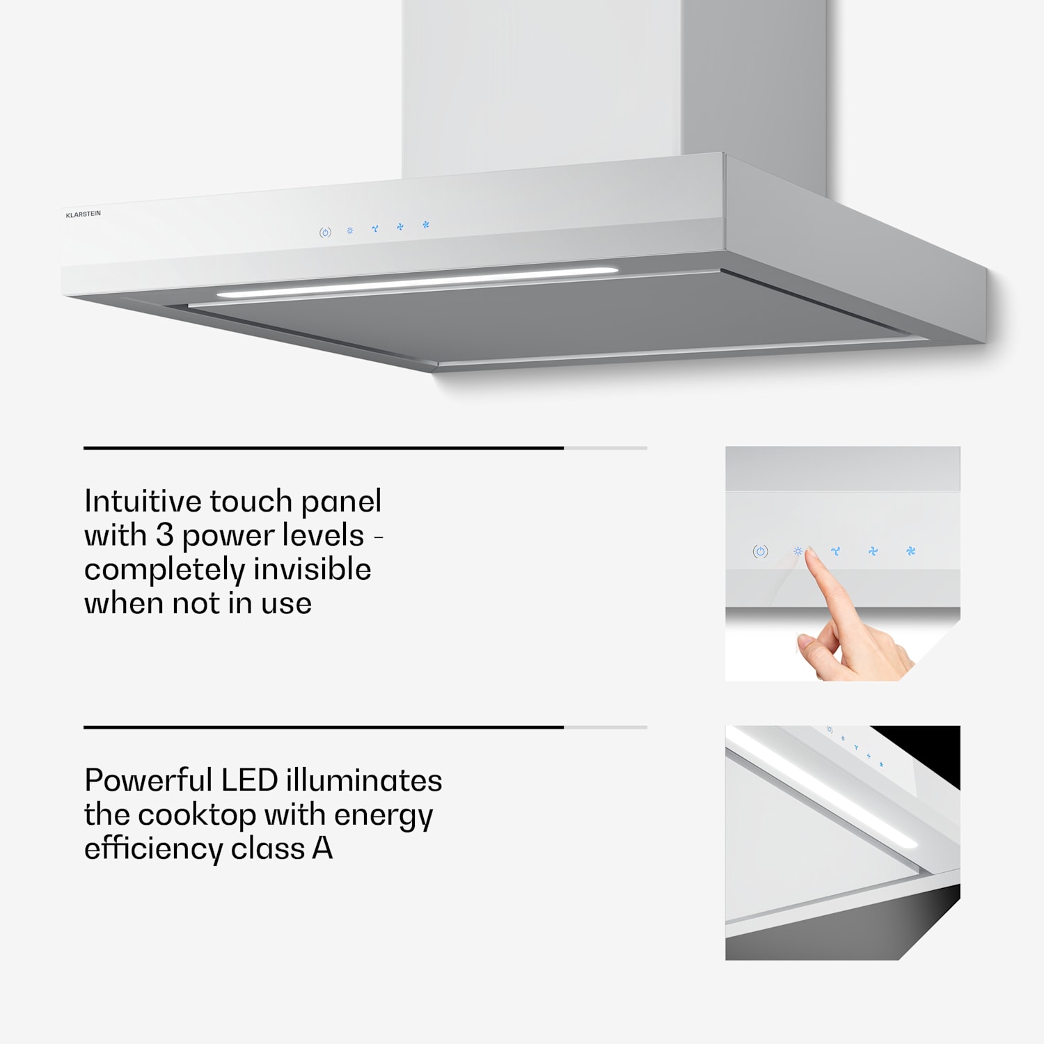 Velaire liesituuletin ilmanpoistotoiminnolla | Tyylikäs, minimalistinen, voimakas | Energiatehokkuusluokka A++ | 600 m³/h | 60 cm 60 cm | Valkoinen