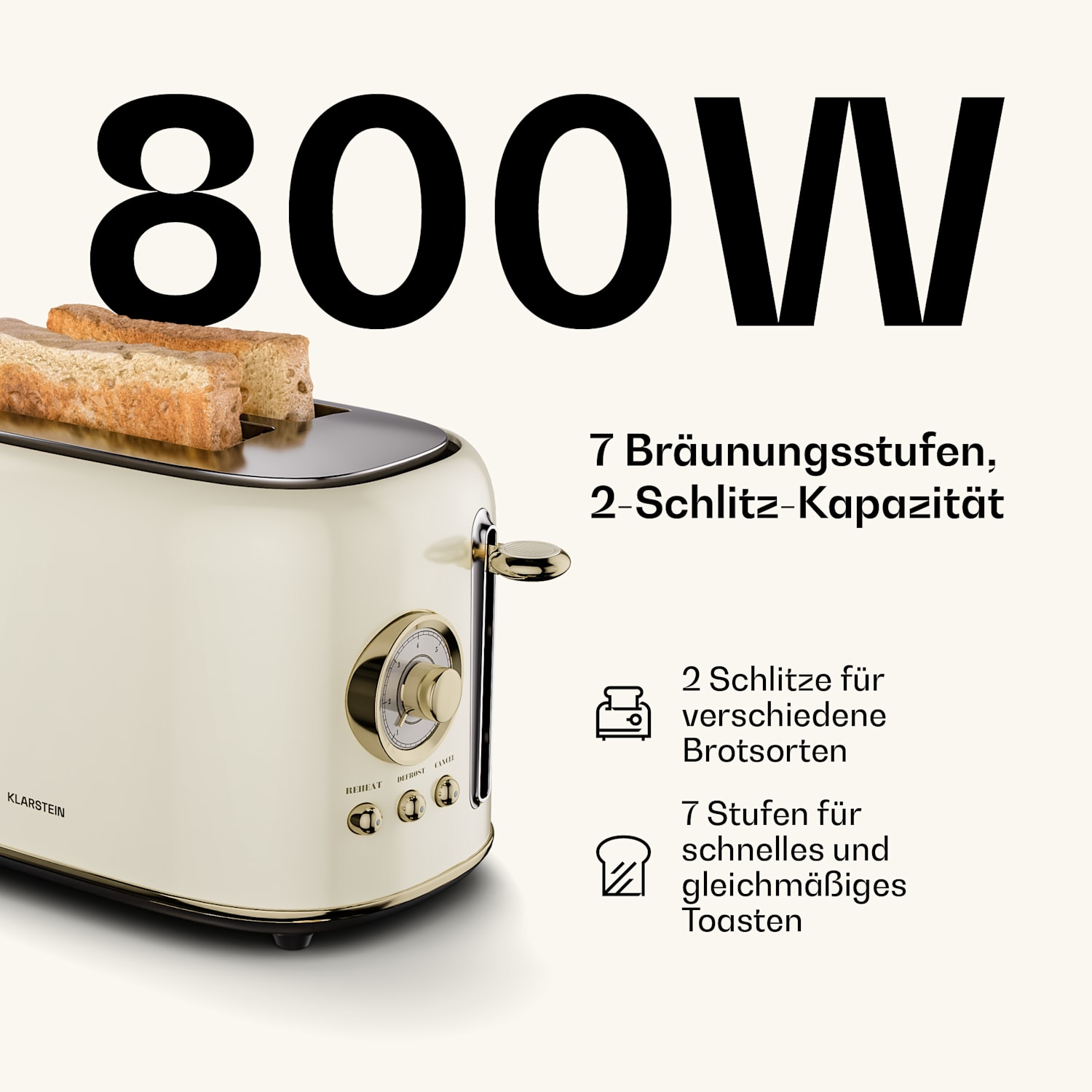 Victoria Toaster | 2-Schlitz-Toaster | 800 W | 7 Bräunungslevel | Brötchenaufsatz 