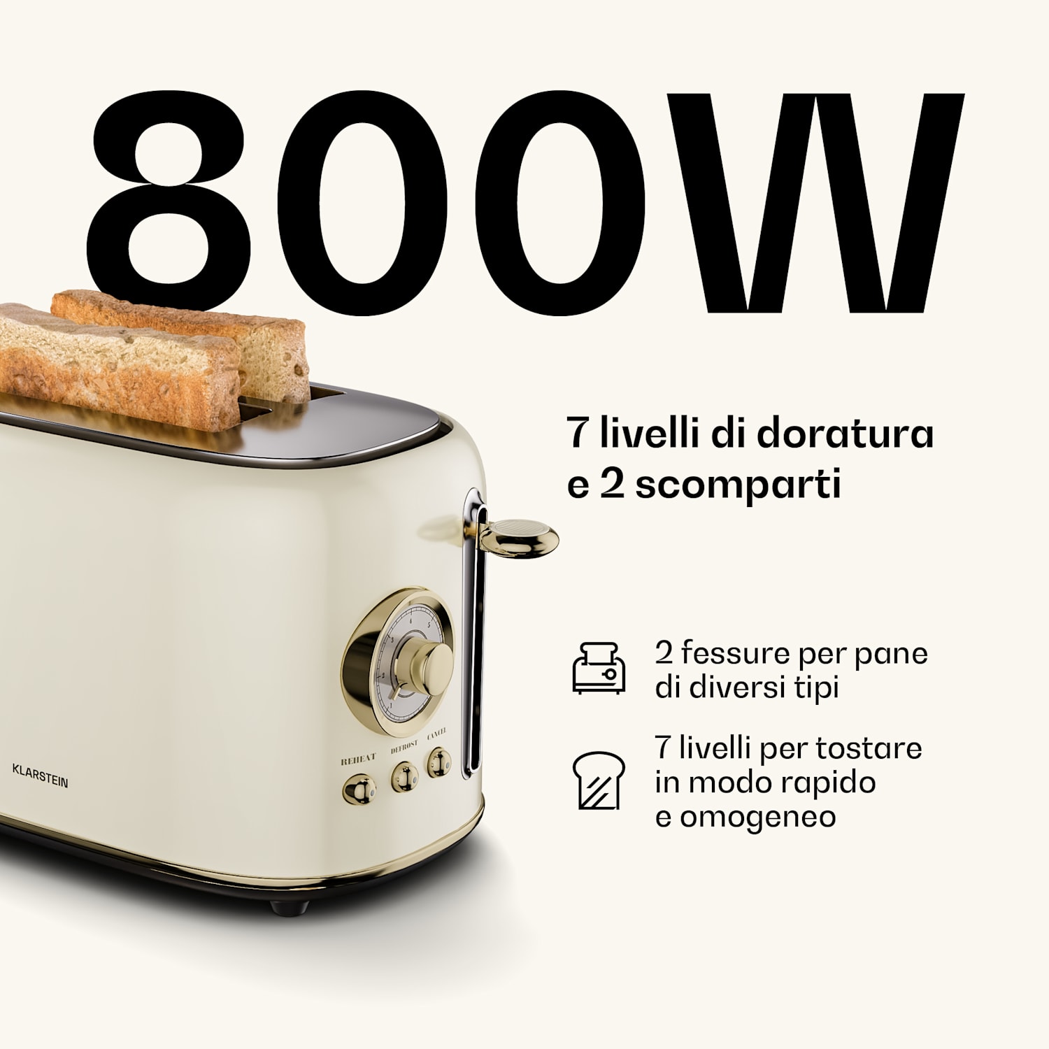 Victoria - Tostapane | 2 scomparti | 800 W | 7 livelli di doratura | Griglia per panini 