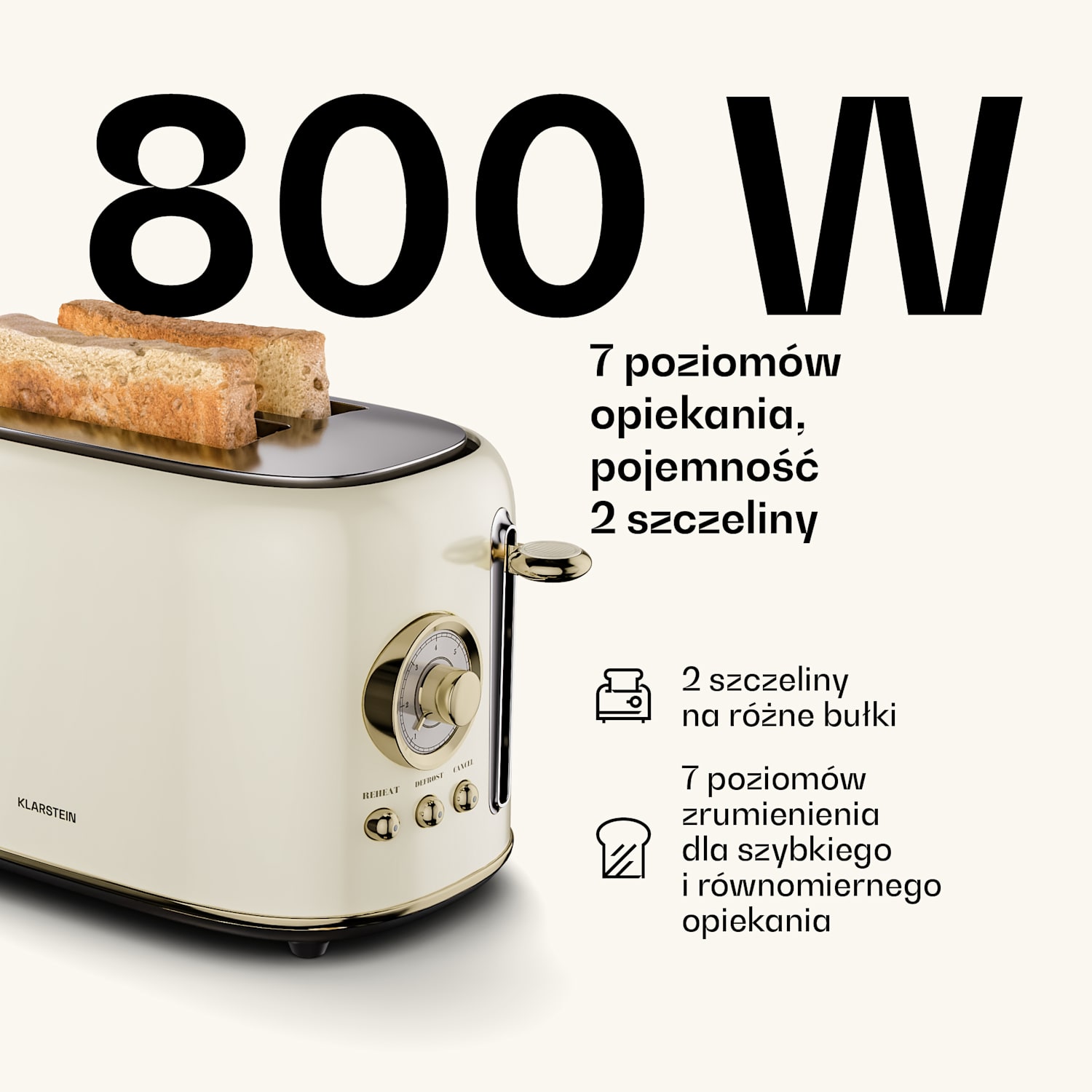 Toster Victoria | Toster na 2 kromki | 800 W | 7 poziomów opiekania | Podgrzewacz bułek 