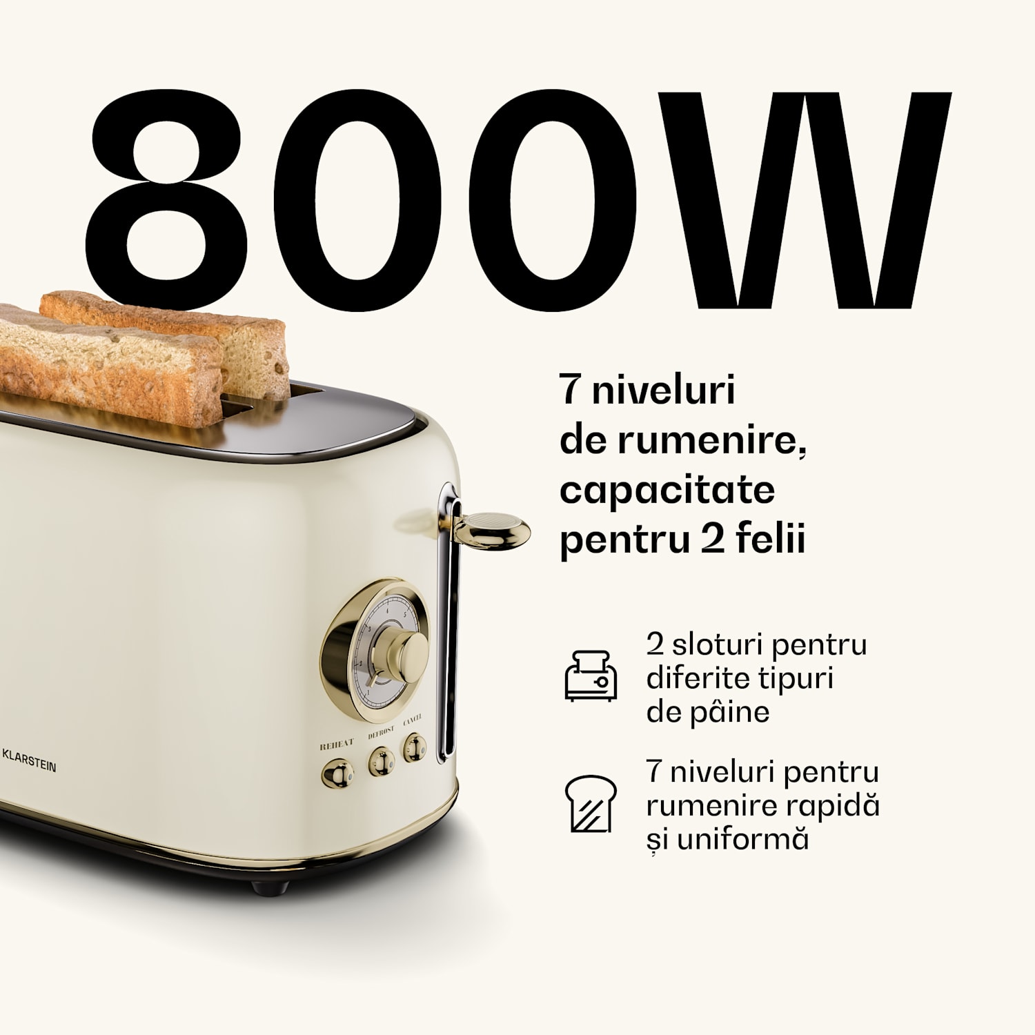 Prăjitor de pâine Victoria | Prăjitor pentru 2 felii | 800 W | 7 niveluri de rumenire | Suport pentru încălzirea chiflelor 